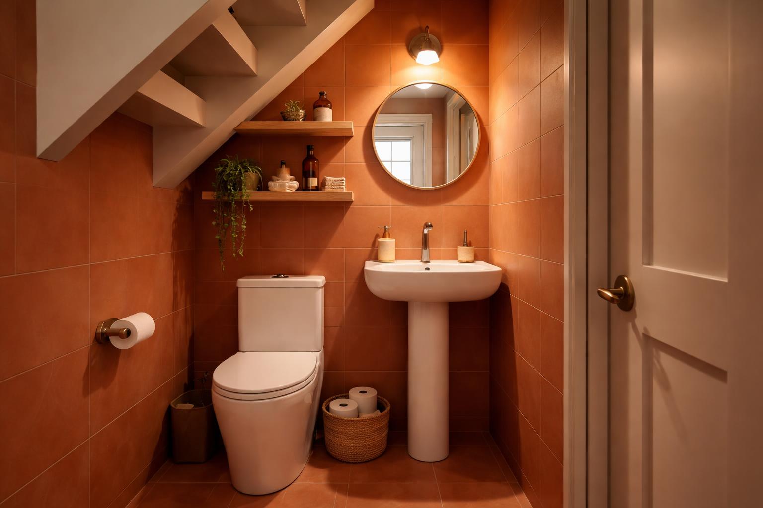 Small powder room under stairs with terracotta walls, a white sink, round mirror, and wooden shelves with plants.