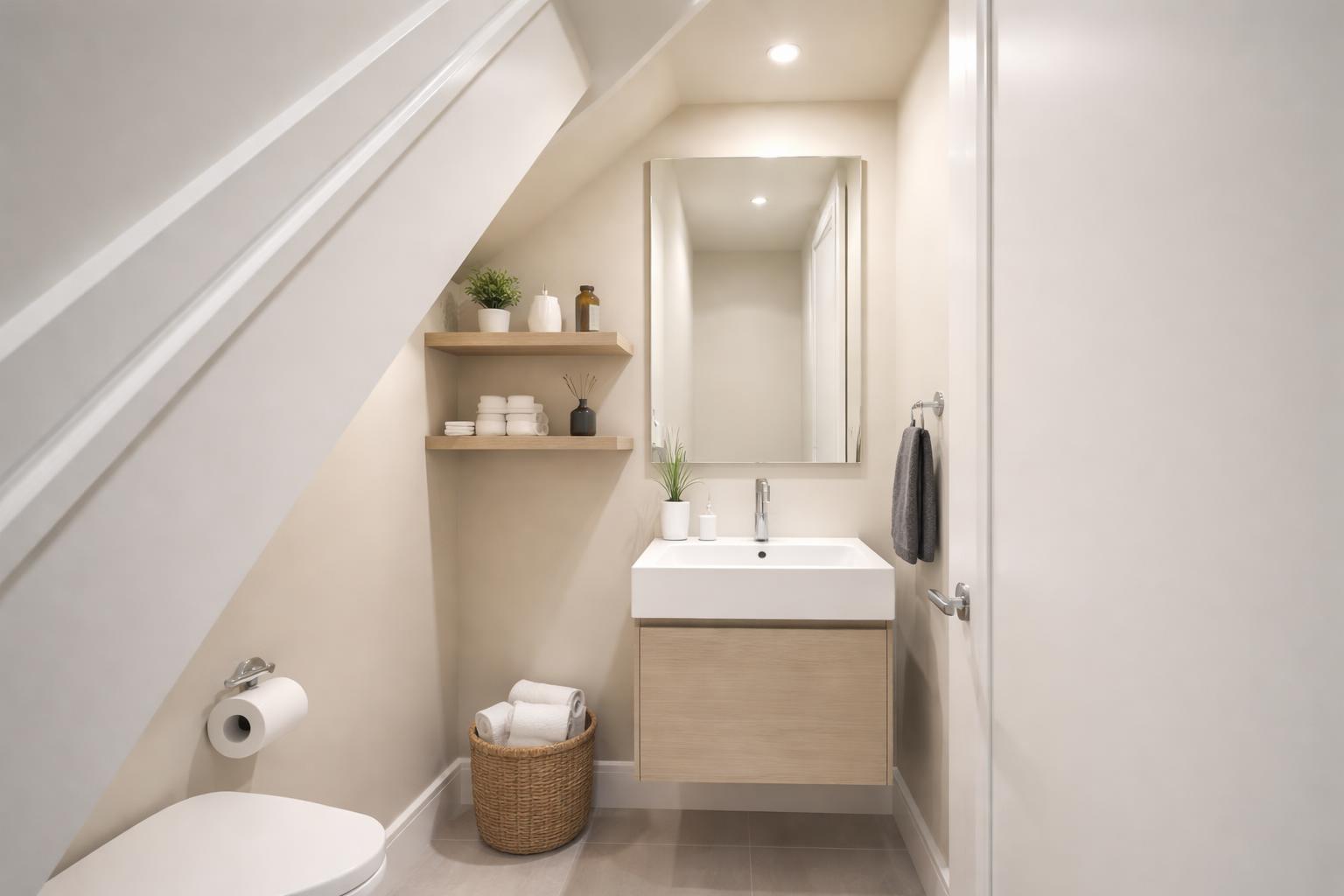 A small powder room under a staircase with a compact sink, mirror, floating shelves, and light-colored walls.