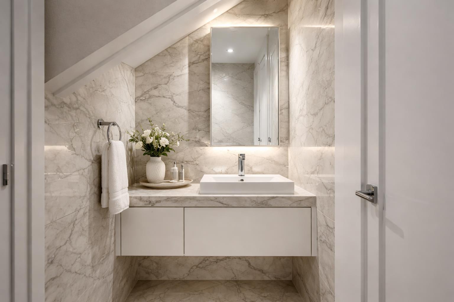 Small powder room under stairs with marble walls, a white sink, and a mirror.
