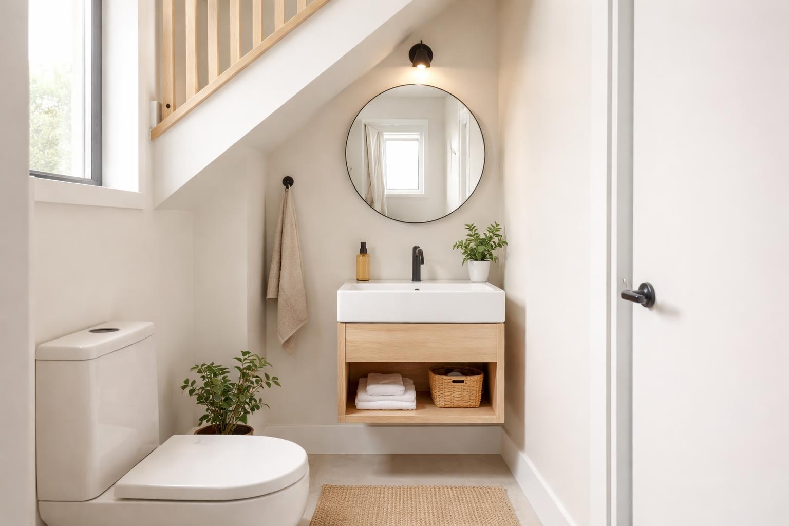Small powder room under stairs with a sink, mirror, wooden vanity, and a potted plant.