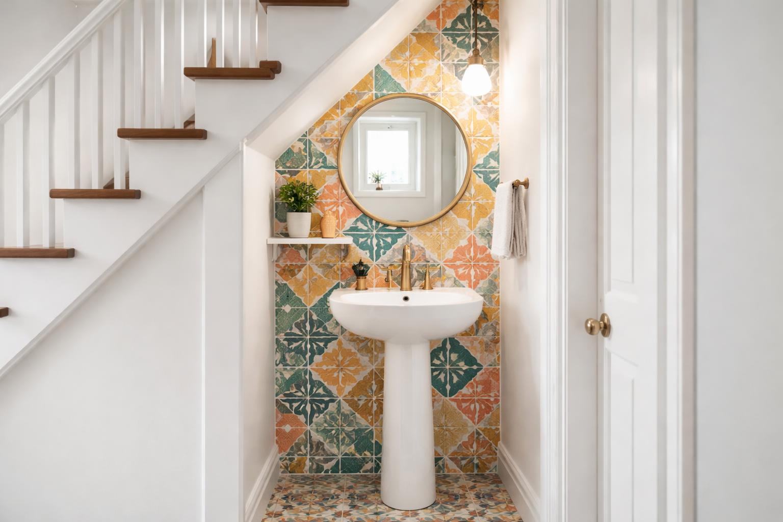 A small powder room under a staircase with a white sink, colorful wall accents, patterned floor tiles, a round mirror, and a small plant on a shelf.