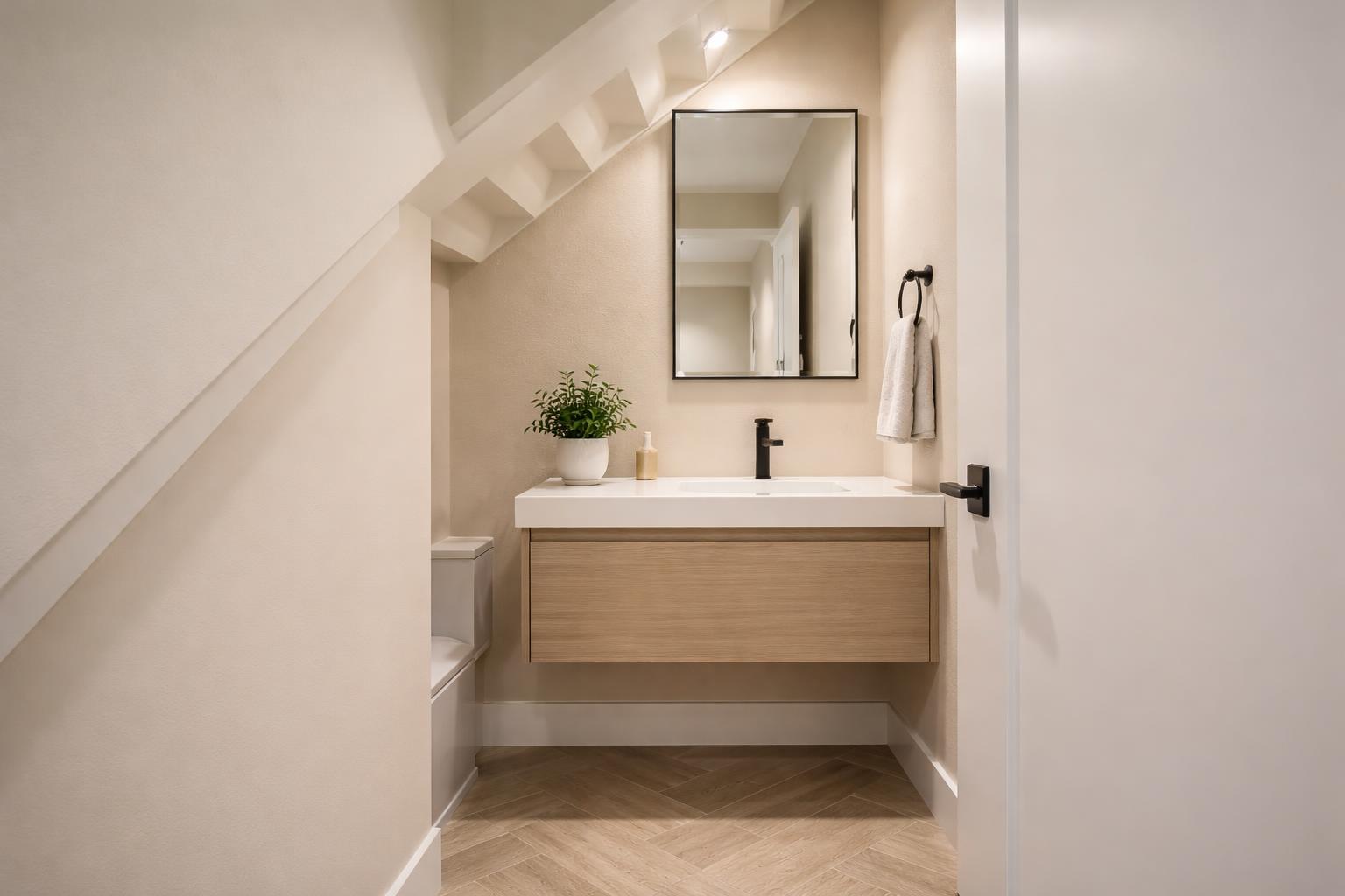 Small powder room under stairs with floating vanity, mirror, and soft lighting.