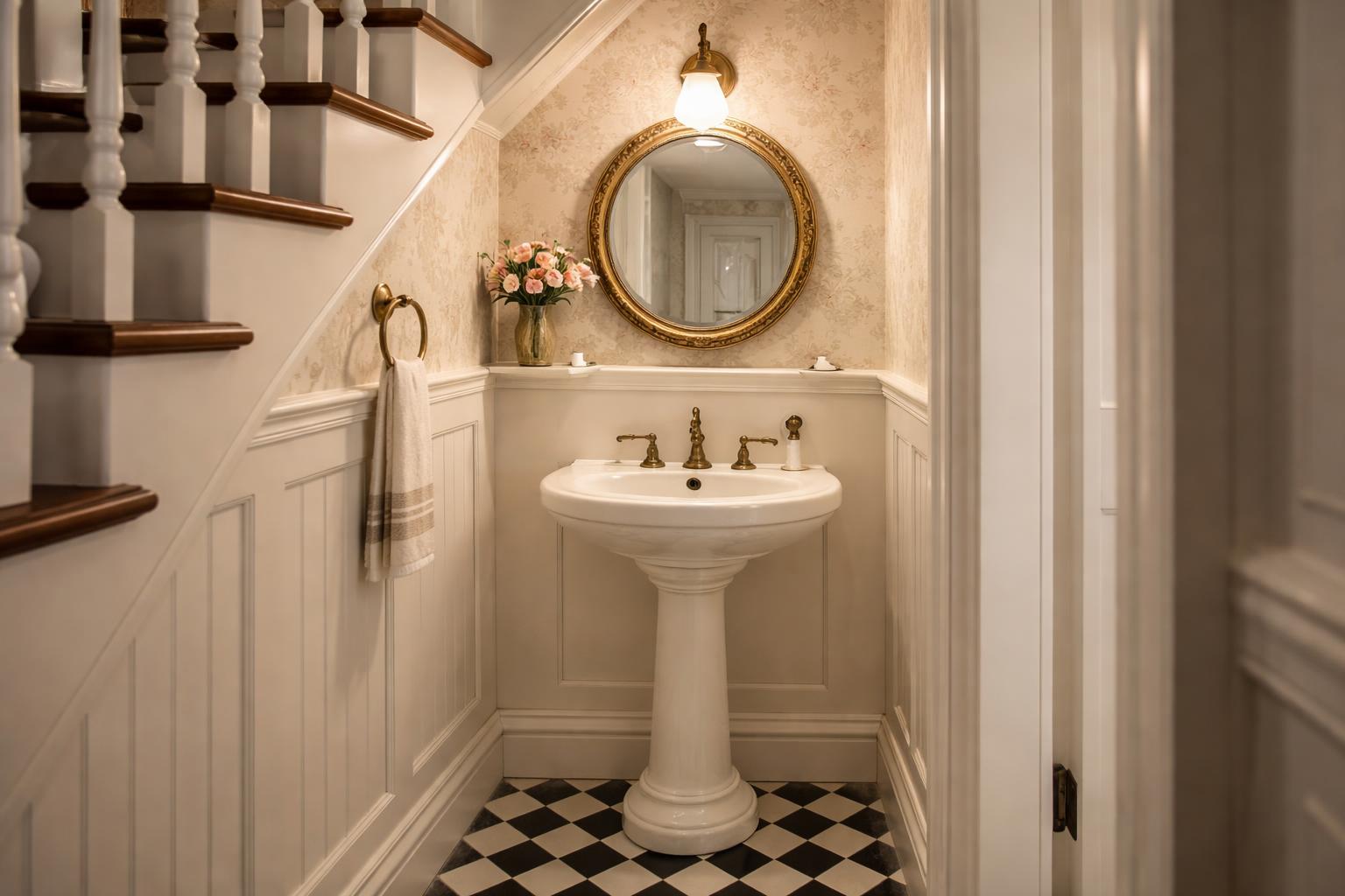 A small powder room under a staircase with a pedestal sink, round mirror, vintage lighting, and checkered tile floor.