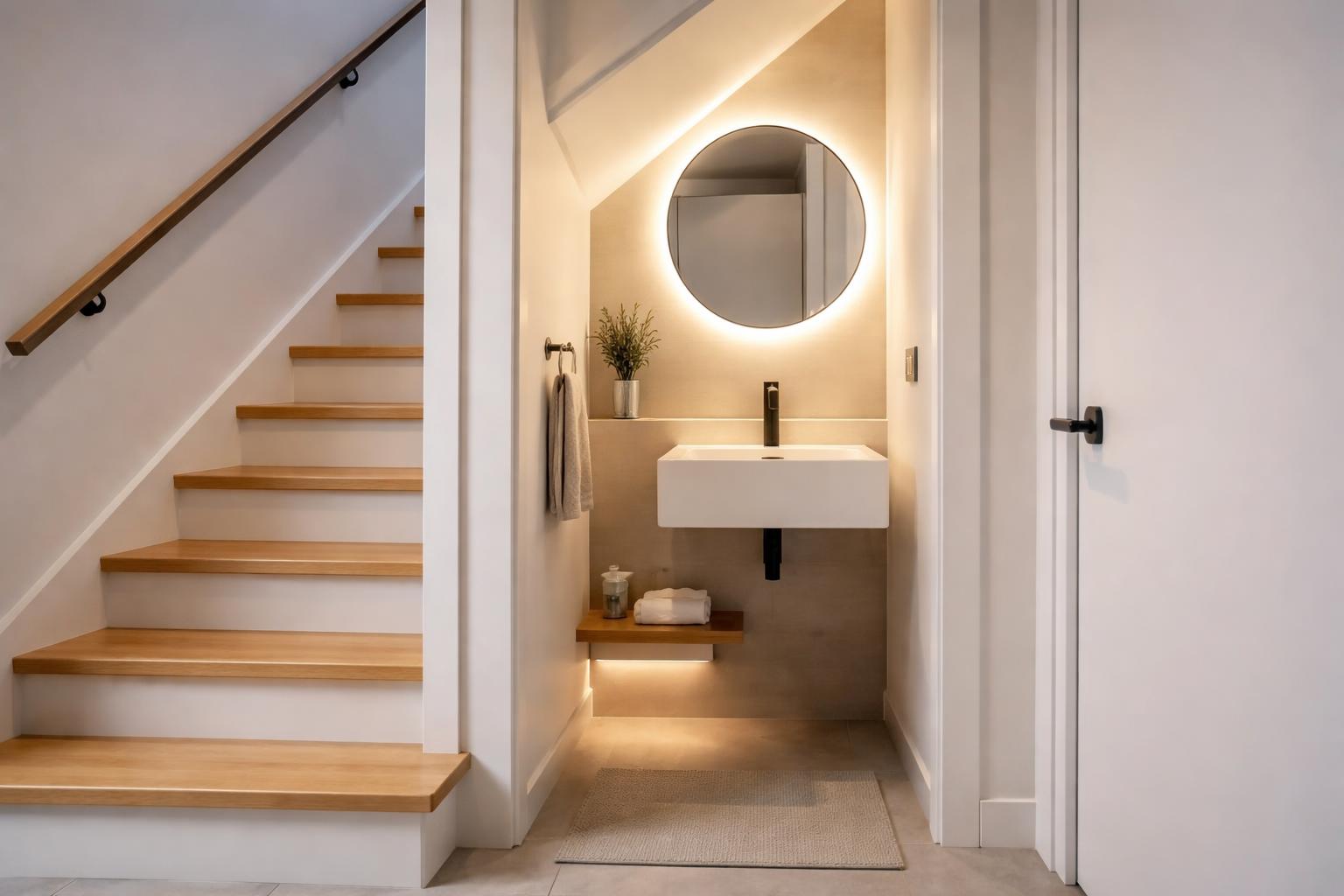 Small powder room under a staircase with a sink, mirror, and soft smart lighting.
