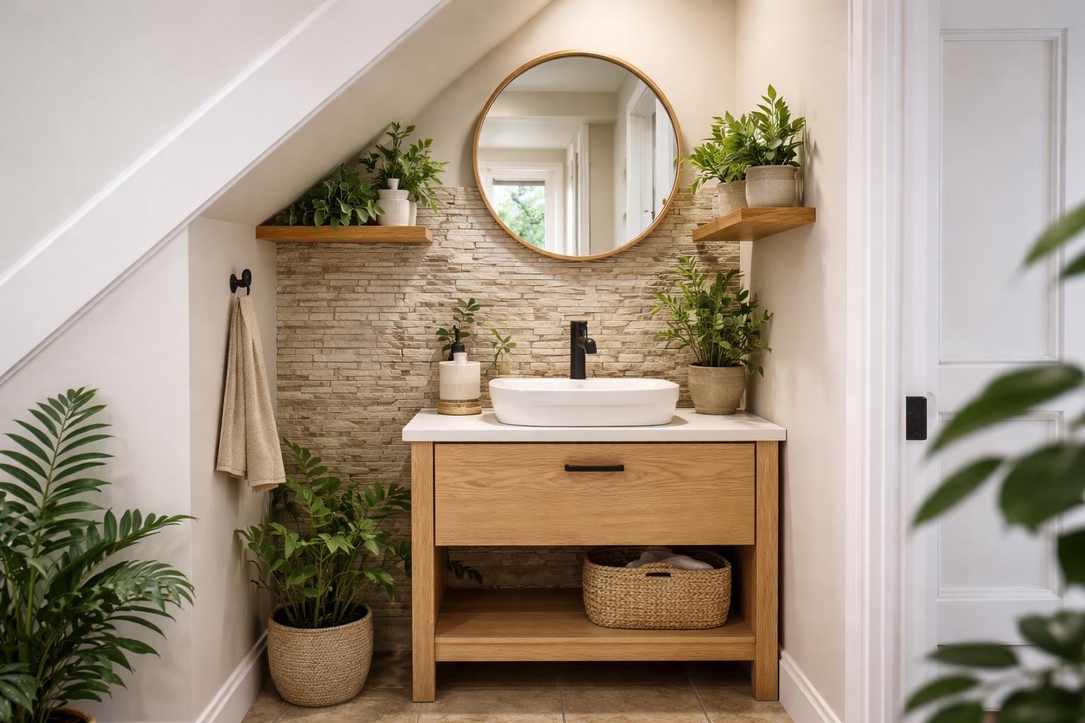 A small powder room under a staircase featuring a white sink, wooden vanity, stone backsplash, round mirror, and green plants.