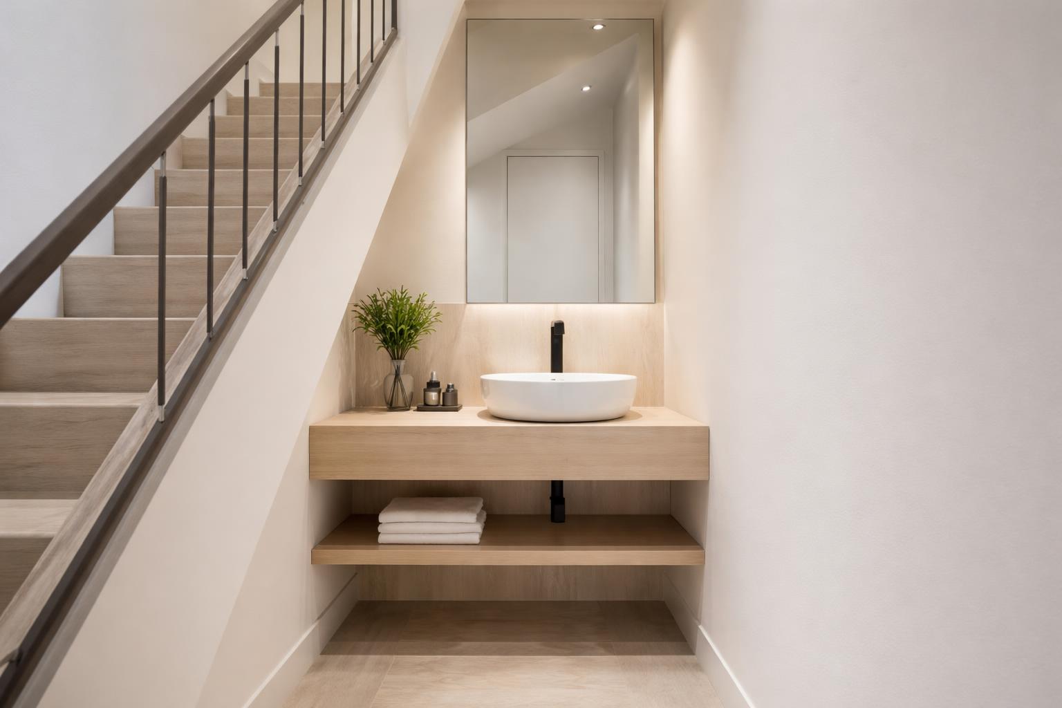 Small powder room under stairs with a floating vanity, vessel sink, mirror, and minimal decor.