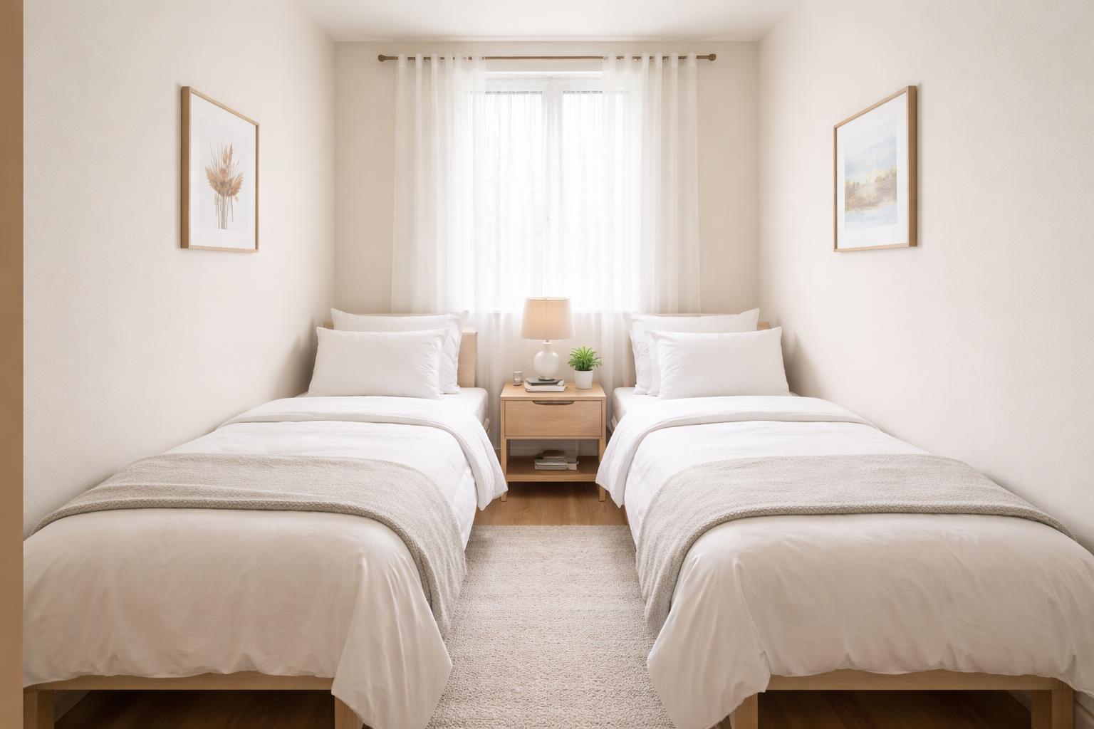 Small bedroom with two single beds placed side by side, a nightstand with a lamp between them, and natural light coming through a window.