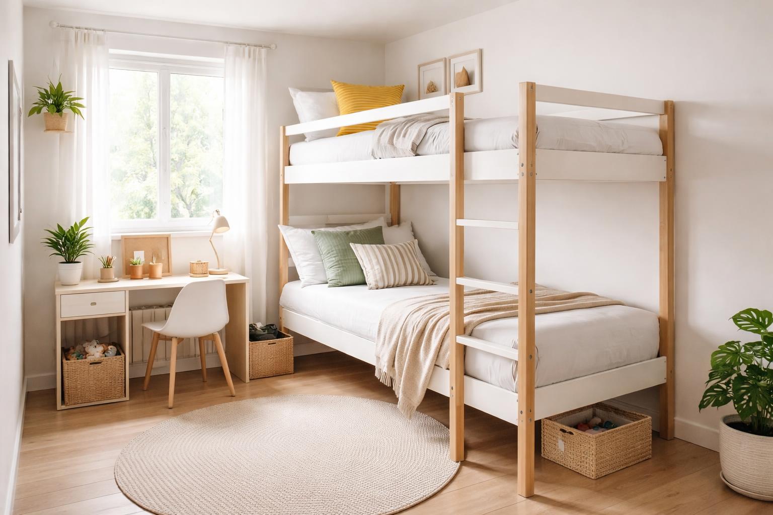 Small bedroom with a wooden bunk bed for two beds and an open floor area beneath, featuring natural light and simple decor.