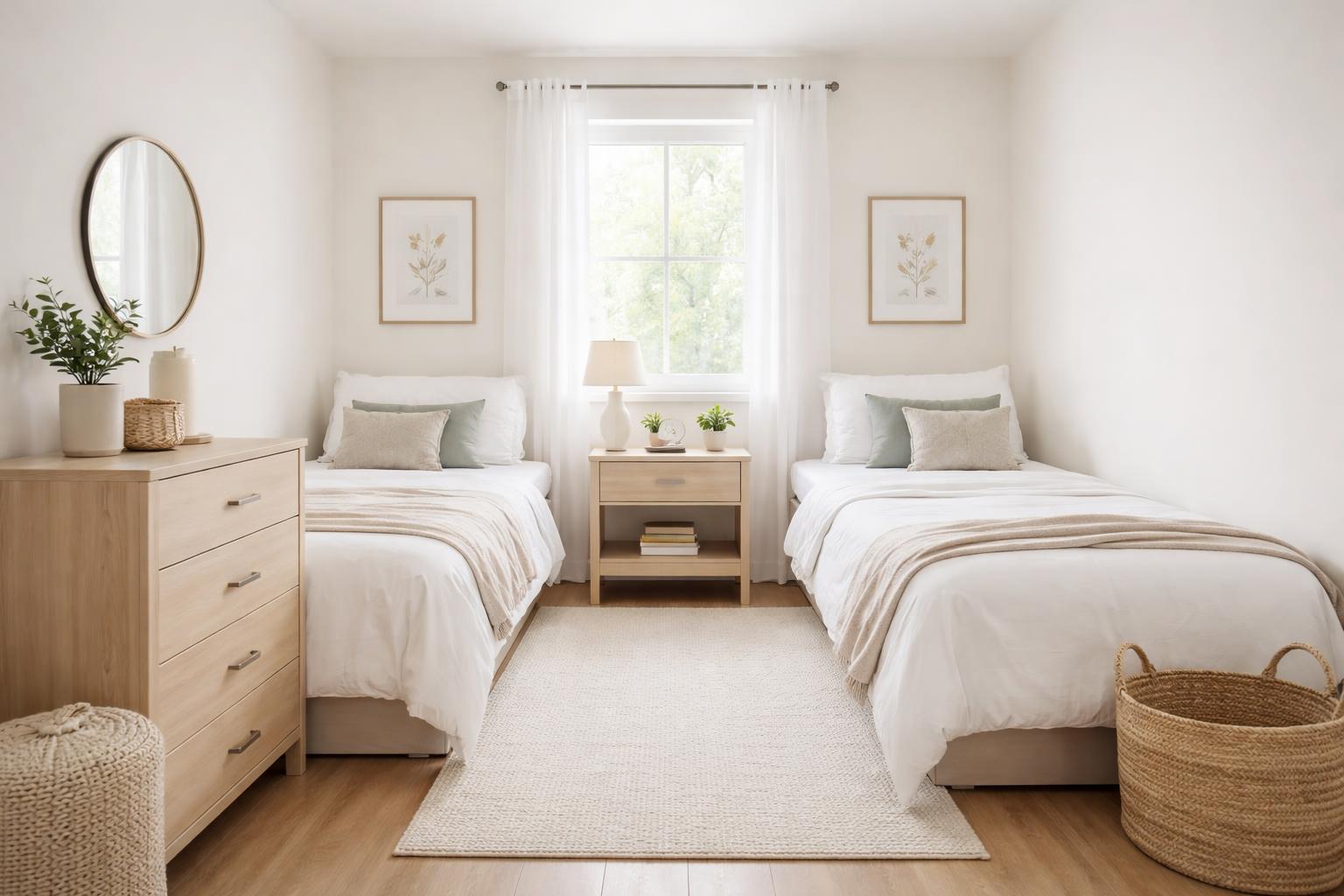 Small bedroom with two twin beds placed along opposite walls, a nightstand between them, and natural light coming through a window.