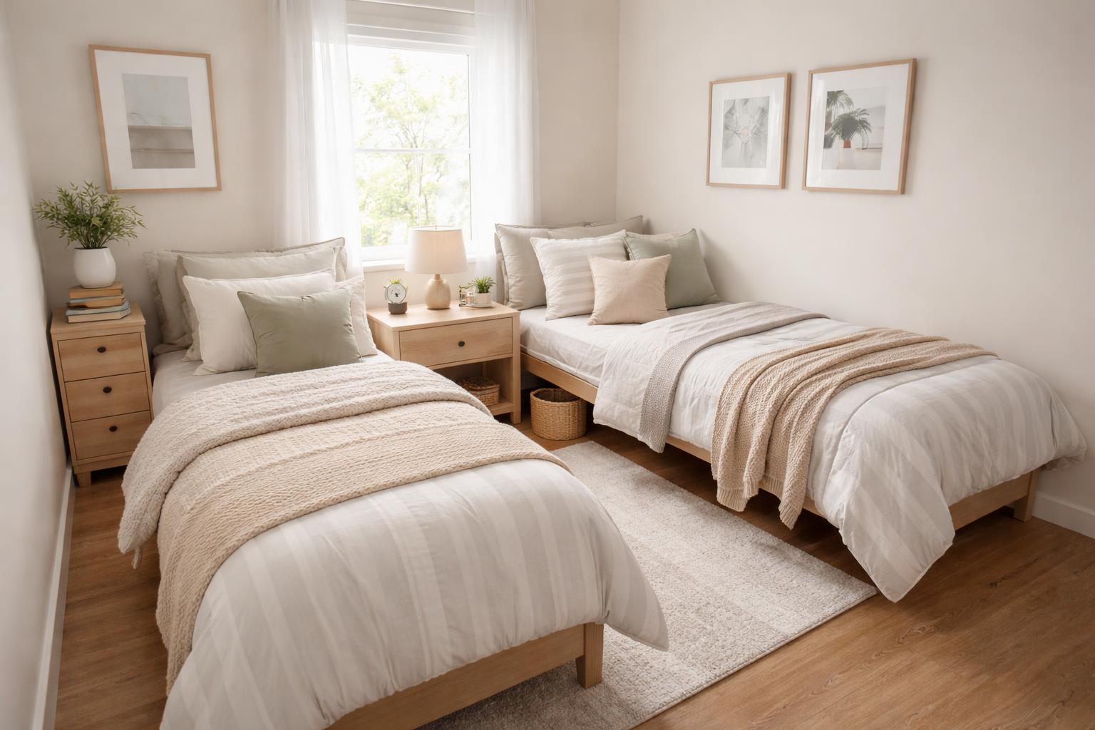 Small bedroom with two beds arranged in an L shape in the corner, featuring simple furniture and natural light.