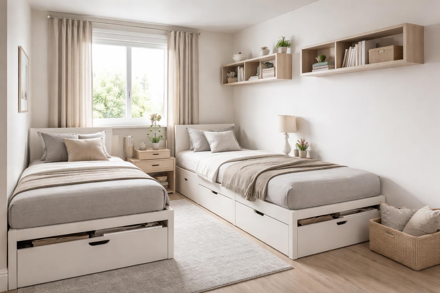 A small bedroom with two single beds featuring built-in storage drawers underneath, bright natural light, and minimal clutter.
