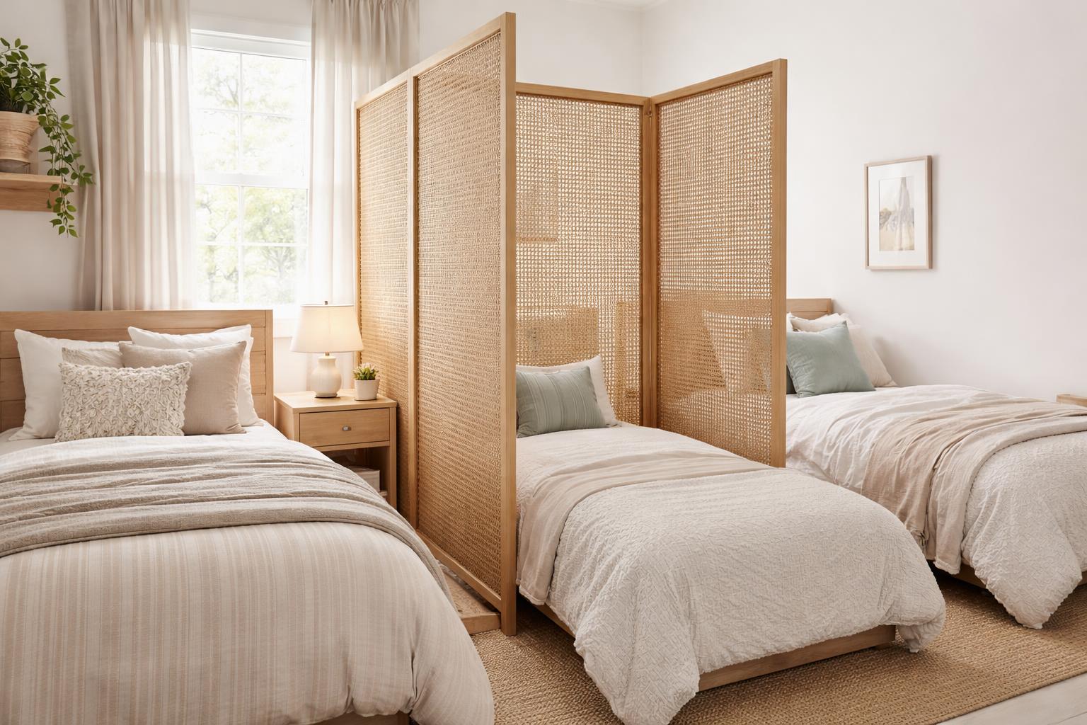 Small bedroom with two beds separated by a cozy room divider, featuring soft bedding and natural light.
