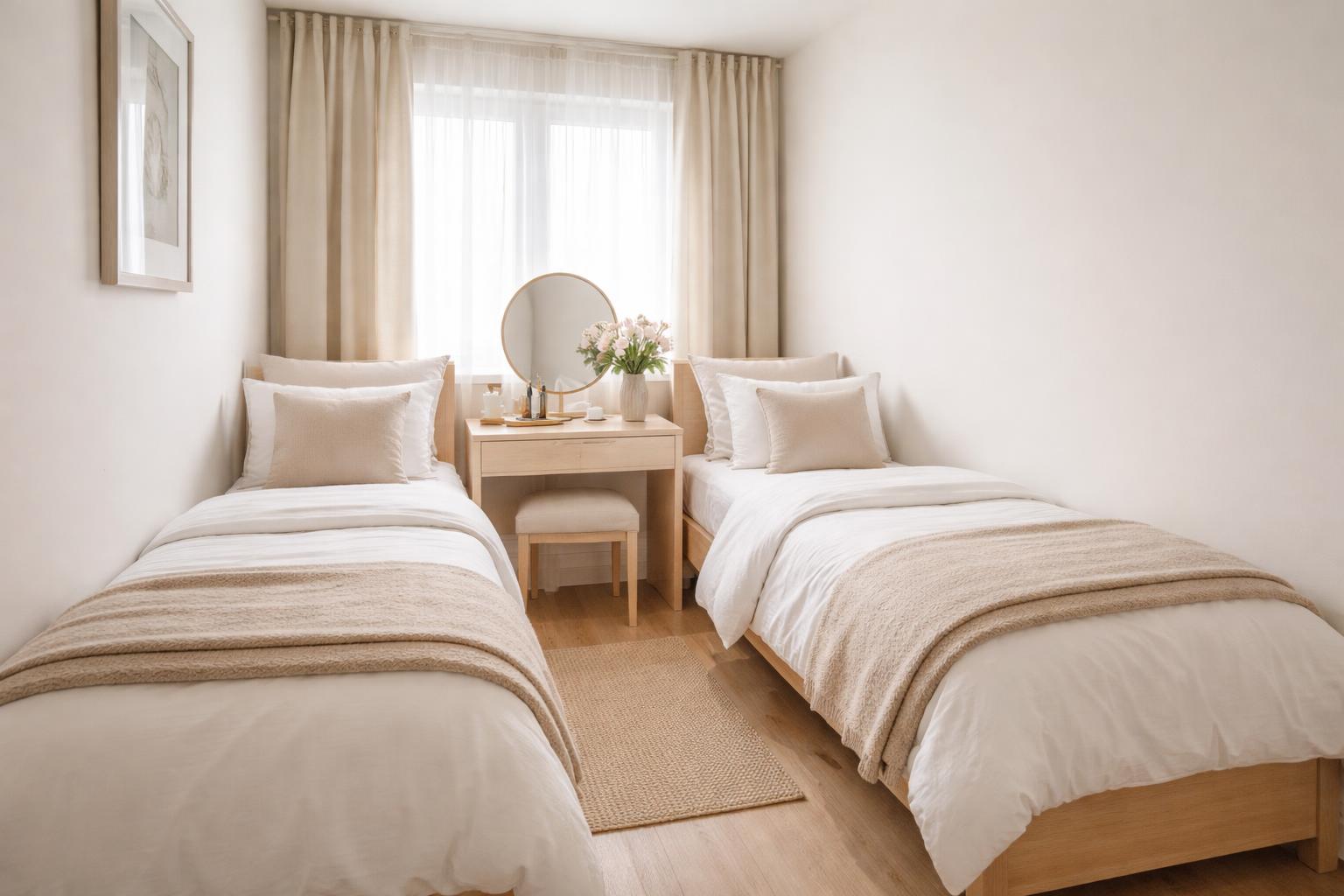 Small bedroom with two single beds and a compact vanity table between them.