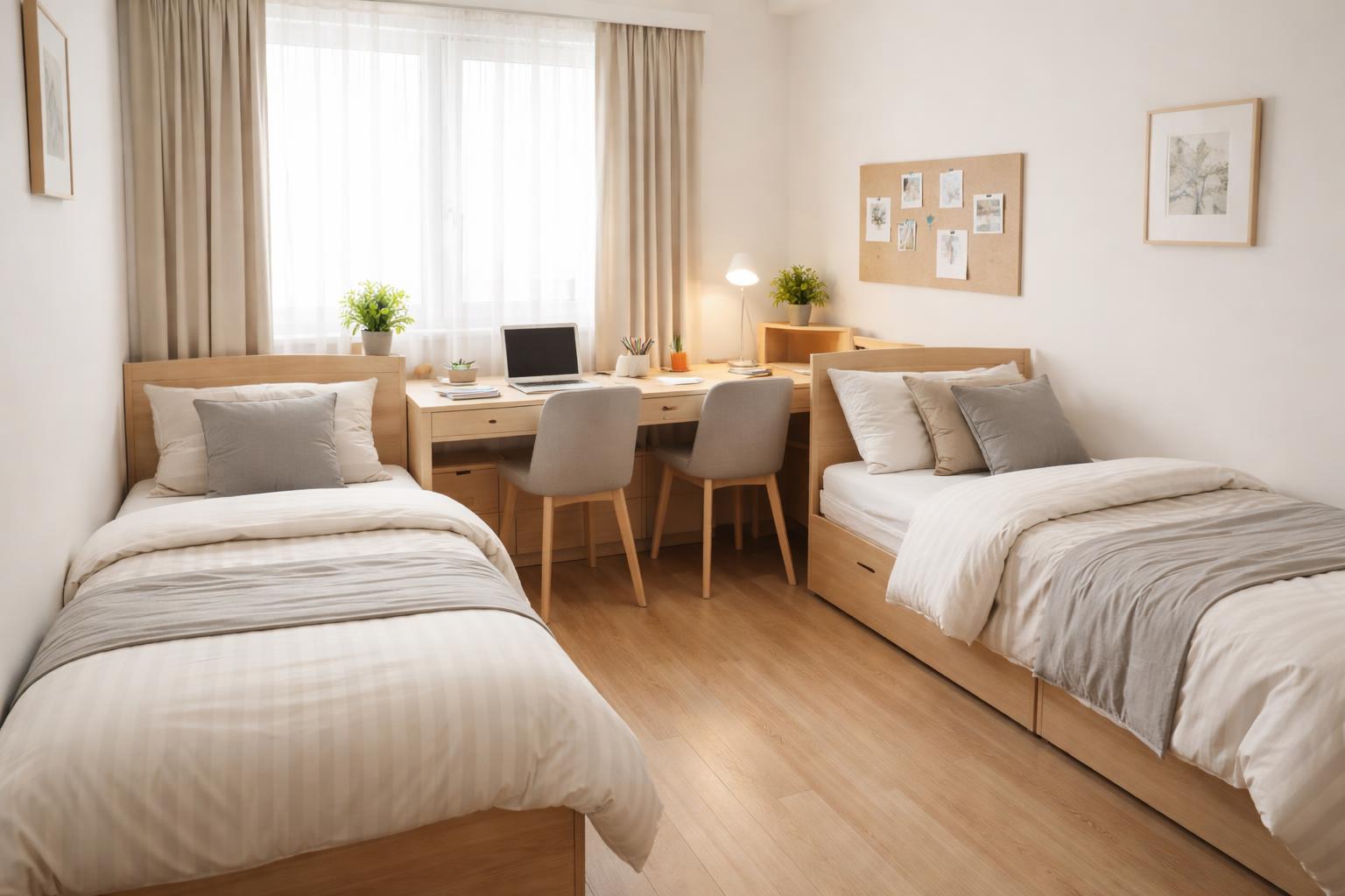 A small bedroom with two single beds and a shared desk area arranged to maximize space and functionality.