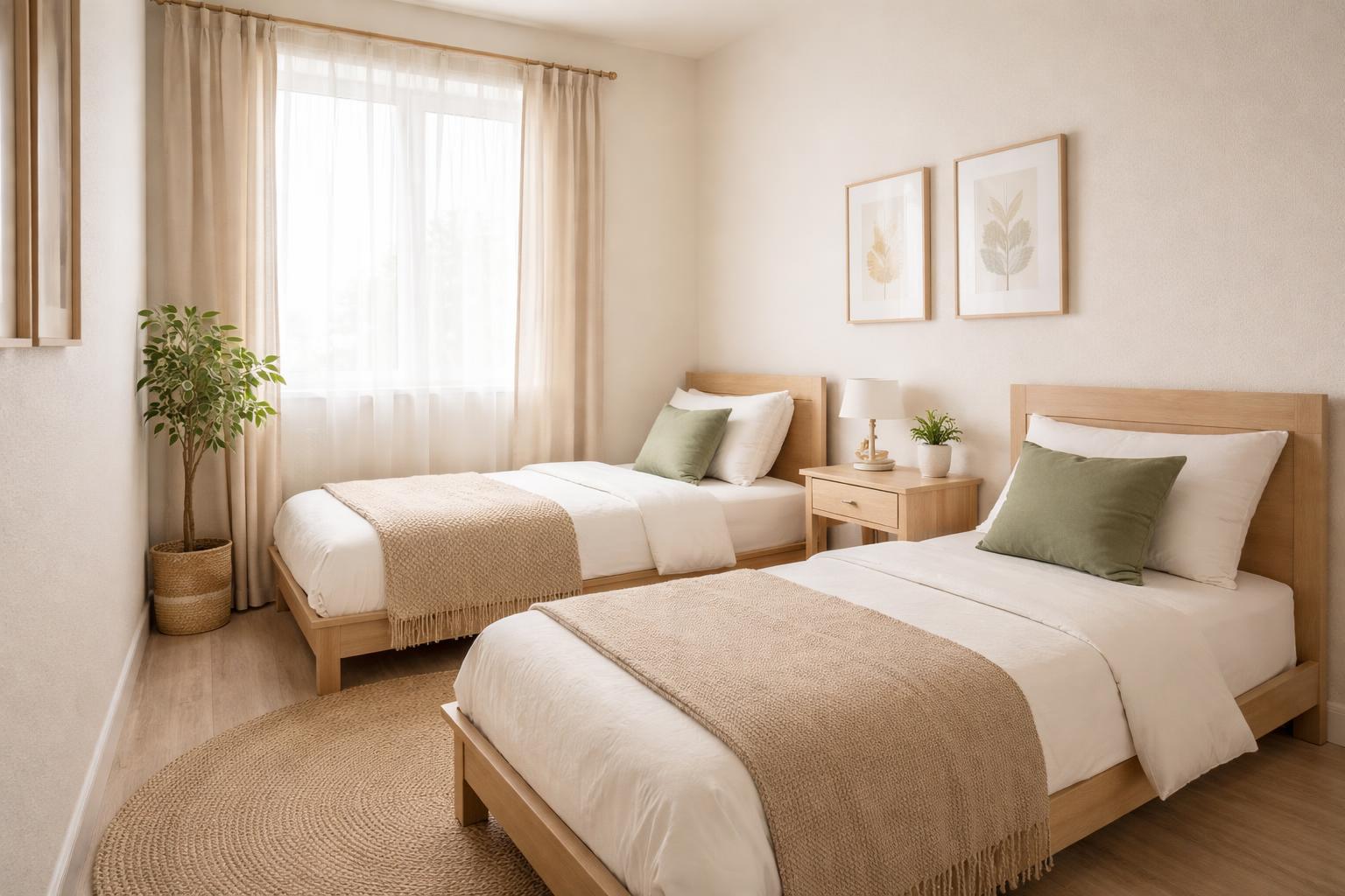 A small bedroom with two single beds, a nightstand between them, natural light coming through a window, and simple decor.