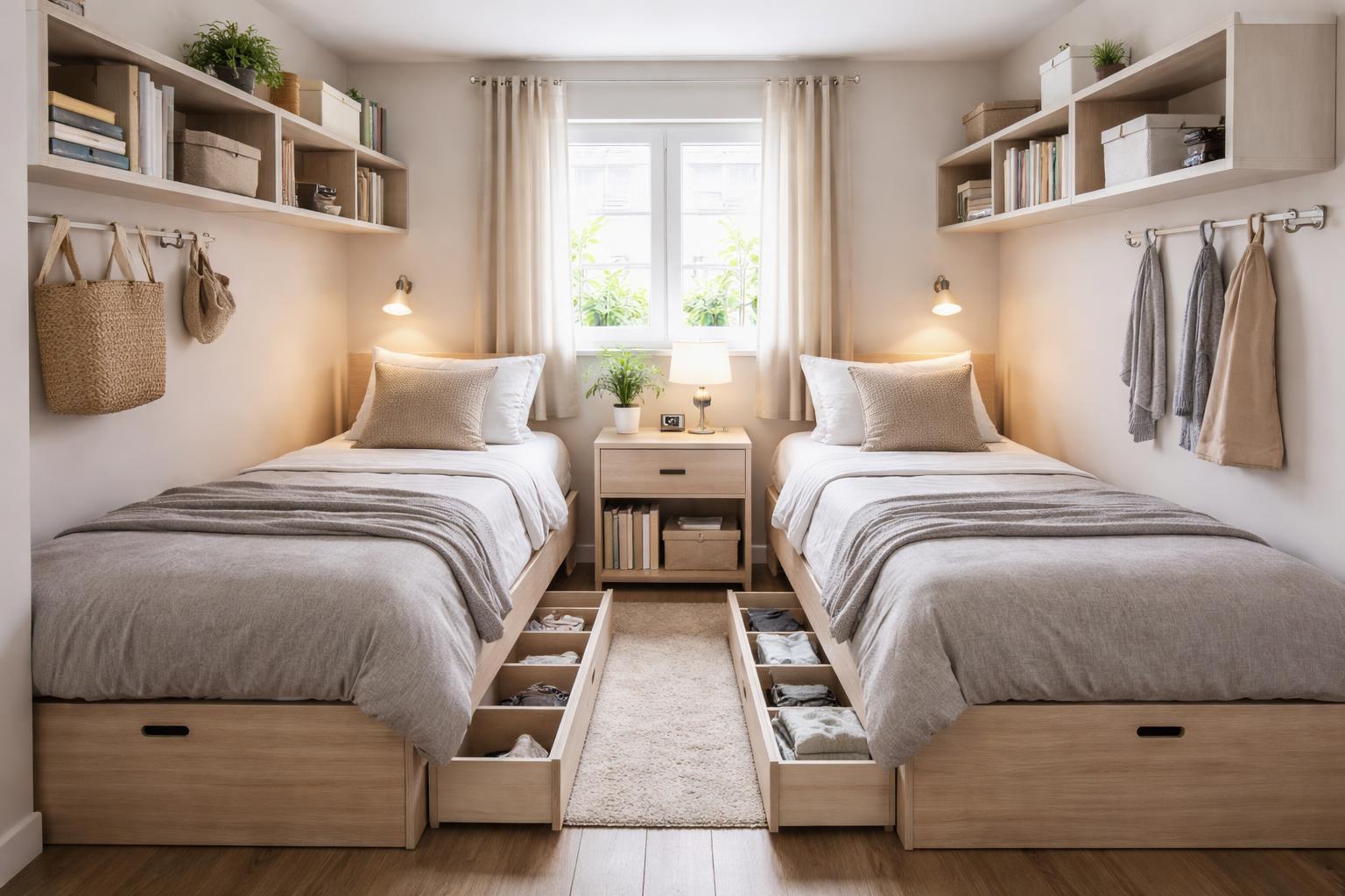 Small bedroom with two single beds, built-in wall shelves, and storage drawers under the beds.