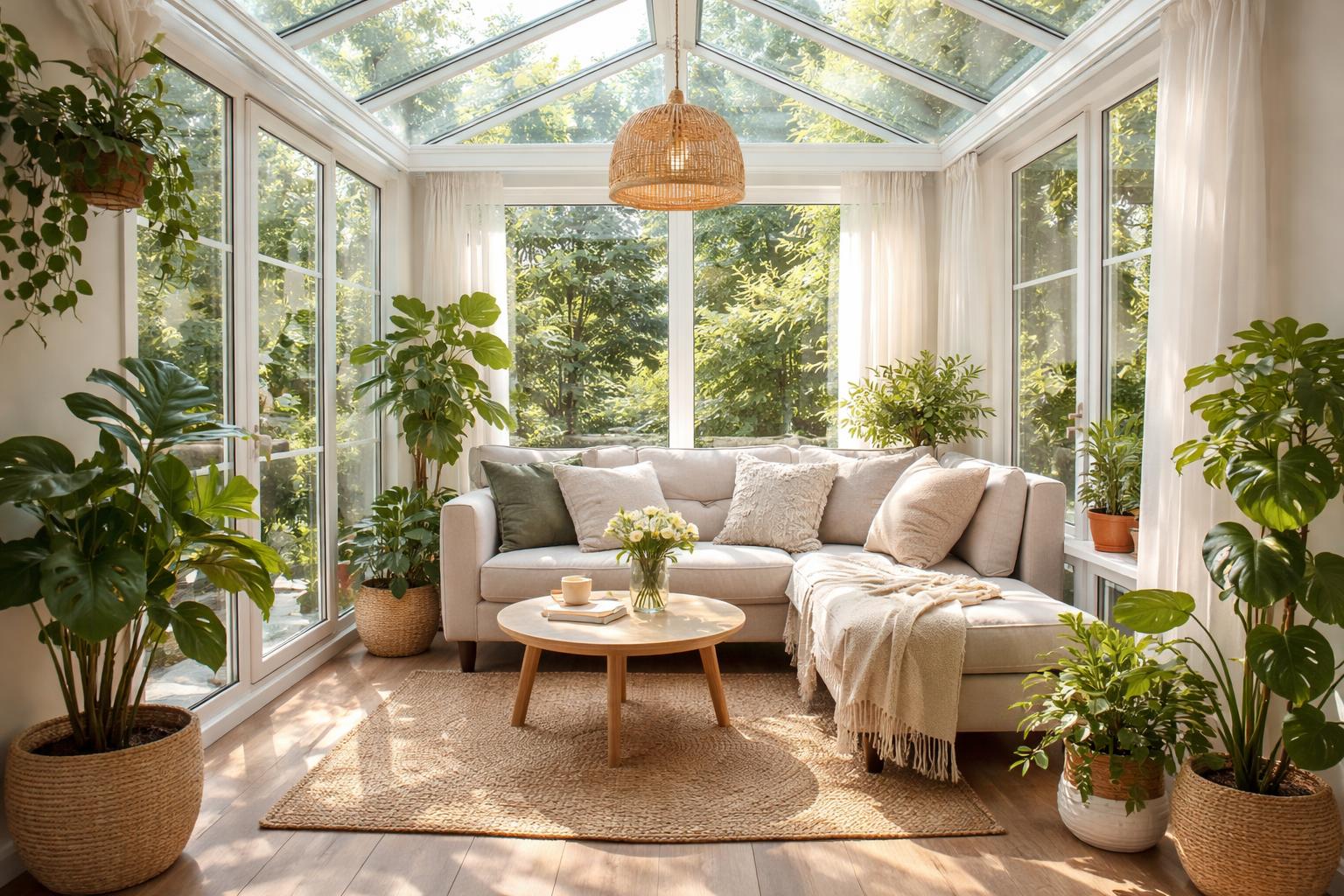 Small enclosed patio converted into a sunroom with glass windows and ceiling, cozy seating, plants, and natural light.