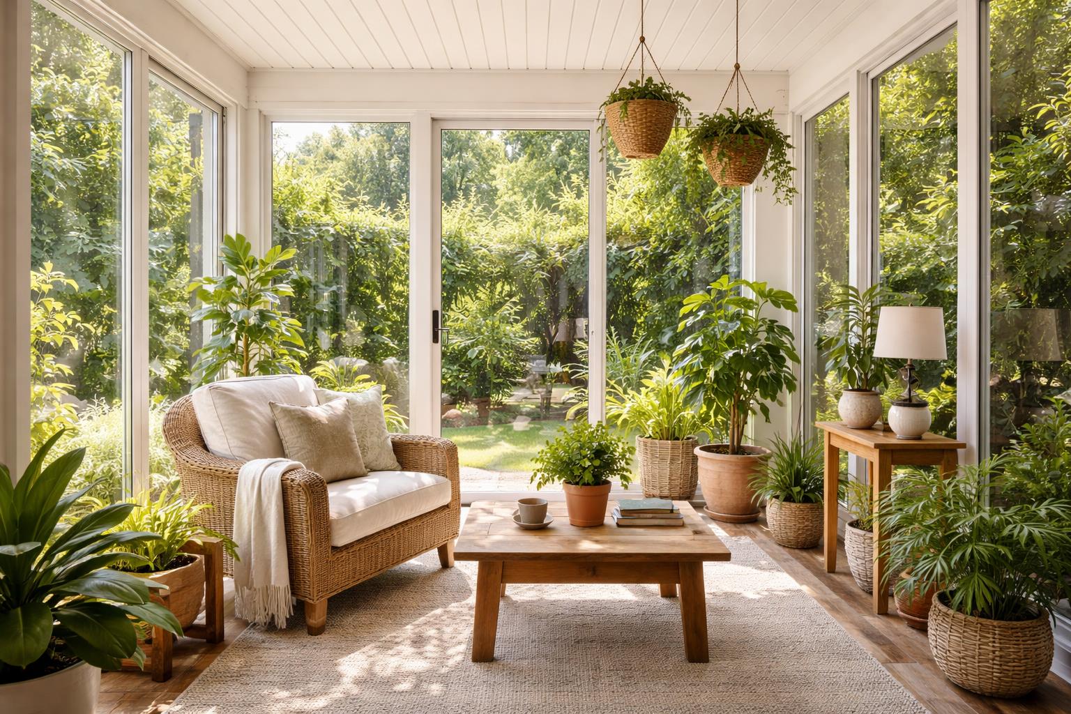 A small enclosed patio converted into a sunroom with large windows, comfortable seating, green plants, and natural sunlight.