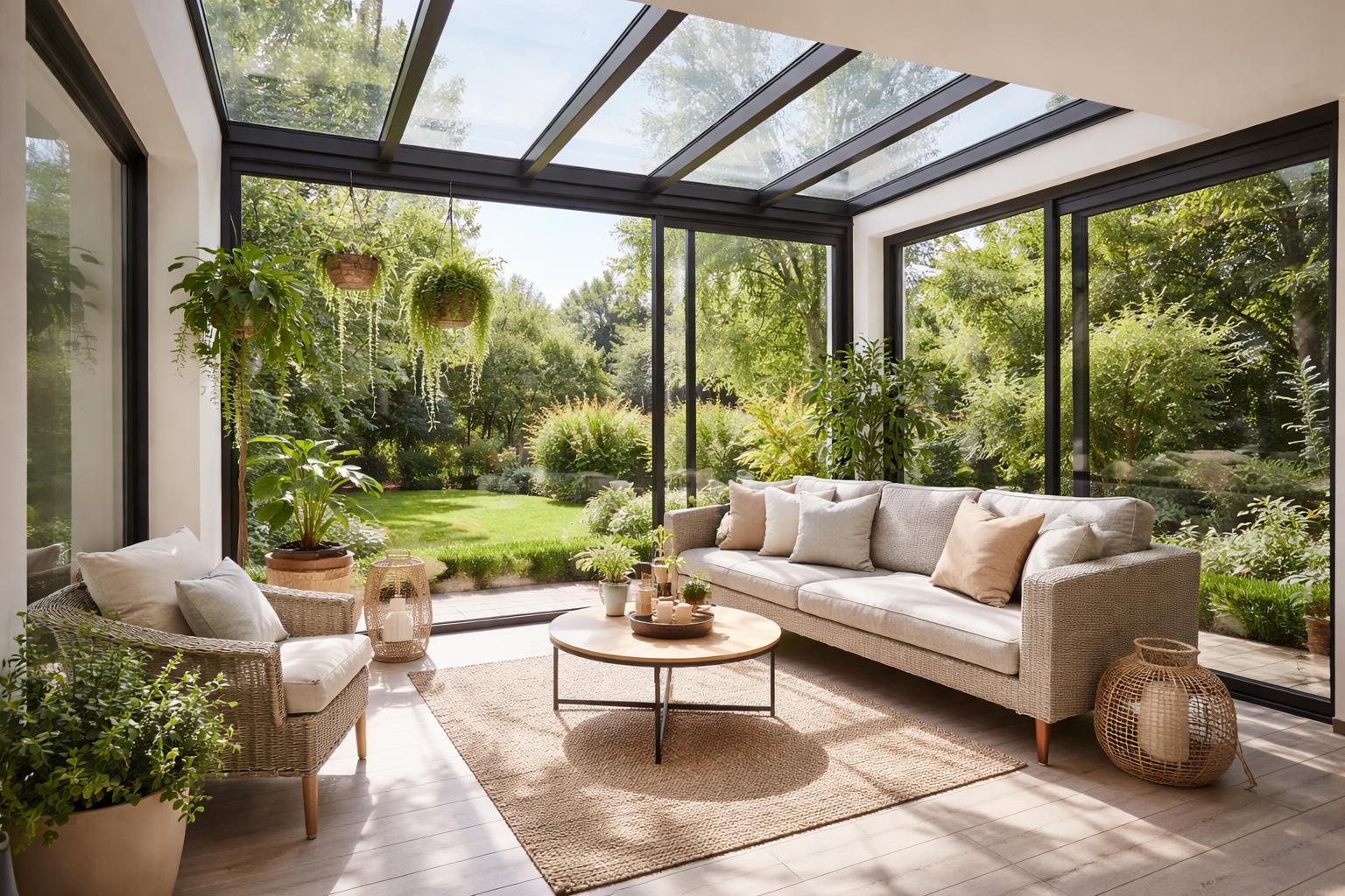 A small enclosed patio with glass walls and ceiling filled with sunlight, furnished with a sofa, coffee table, and plants, overlooking a green garden.