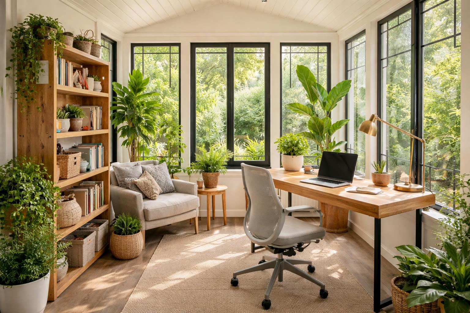 A small enclosed patio converted into a bright sunroom home office with a desk, chair, plants, and books.