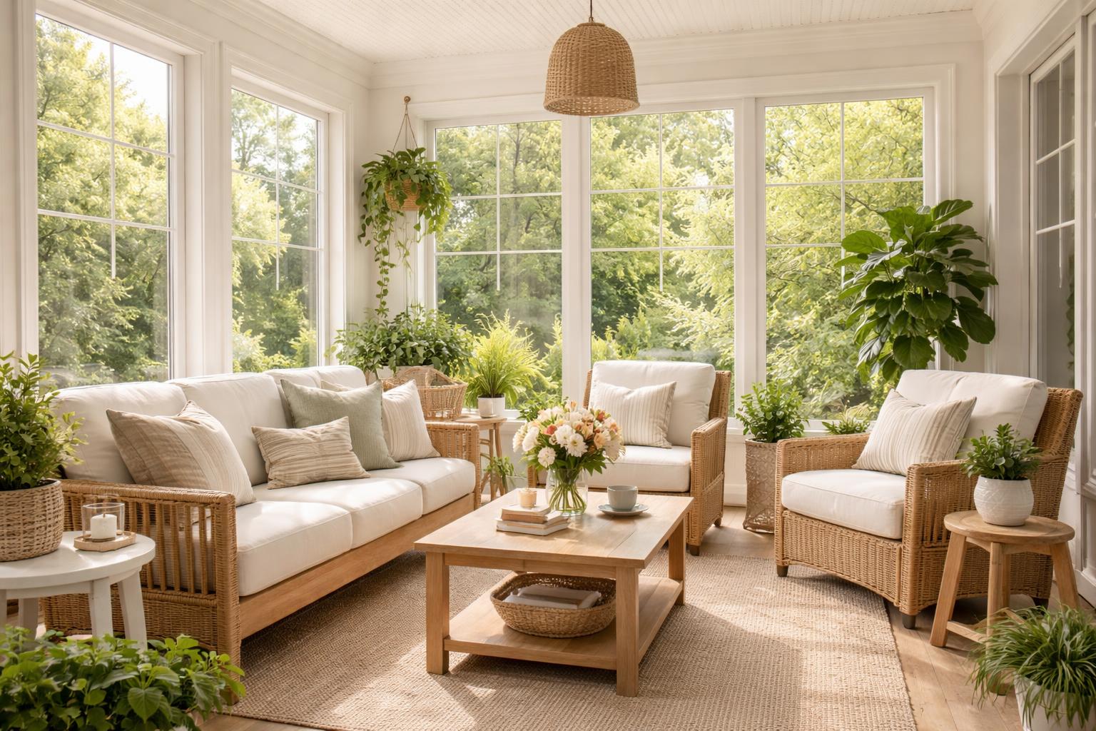 A small enclosed patio converted into a sunroom with large windows, comfortable seating, plants, and natural light.