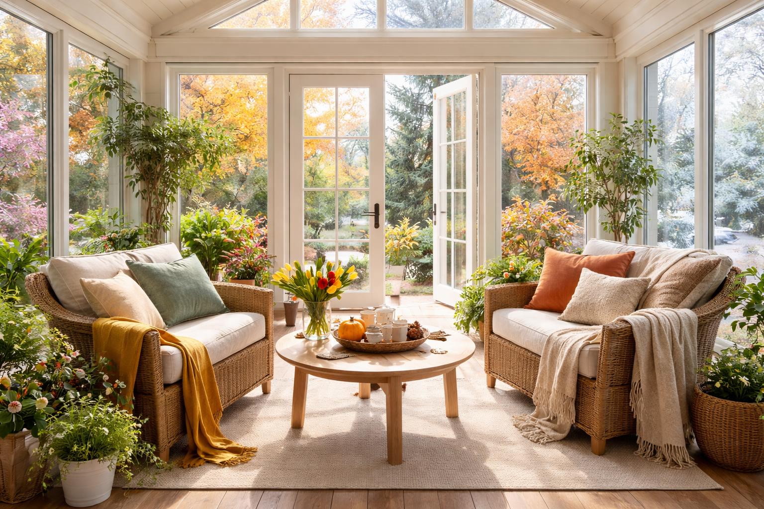 A small enclosed patio turned into a sunroom with large windows, cozy seating, and seasonal decorations representing spring, summer, autumn, and winter.