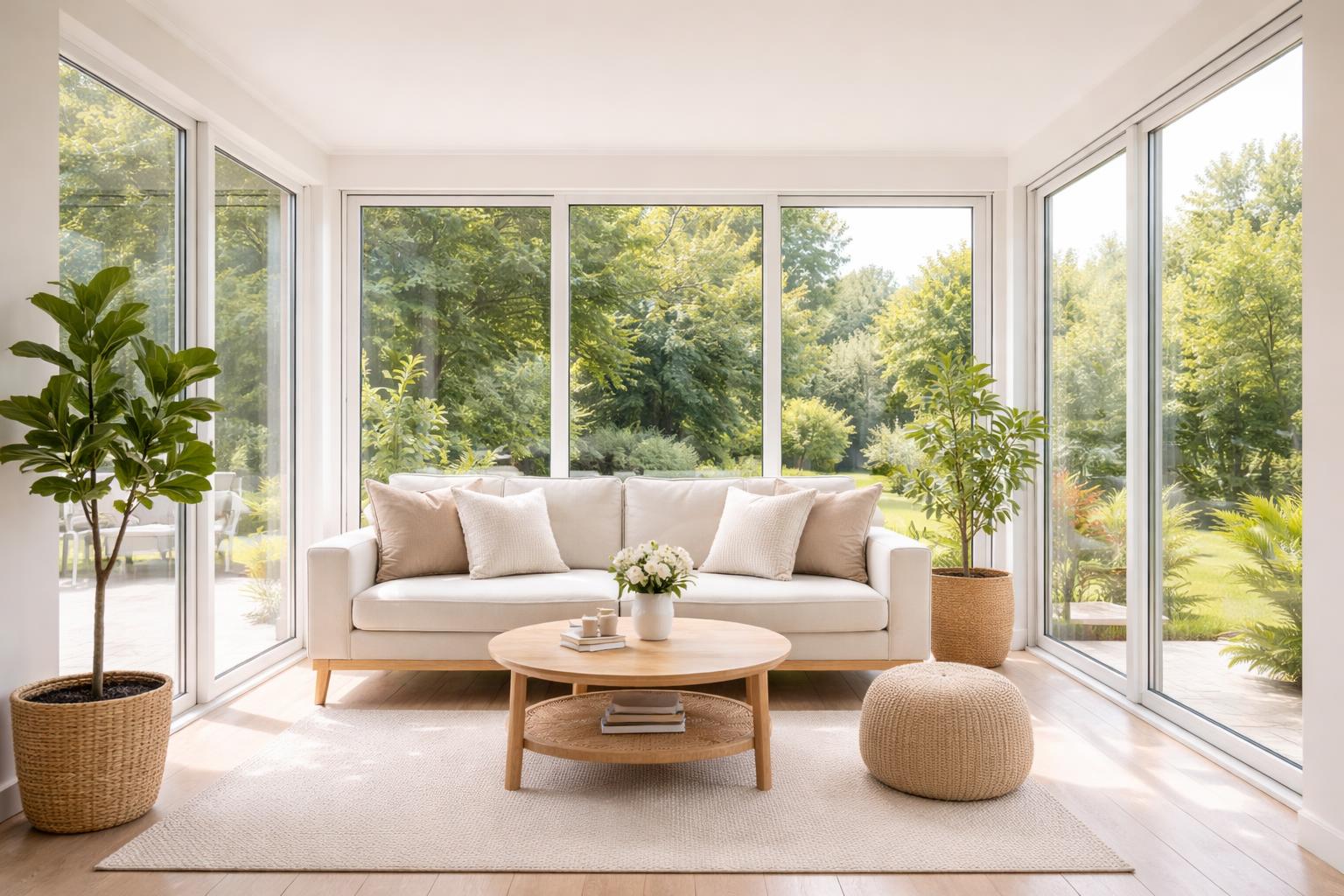 Small enclosed patio converted into a bright sunroom with large glass windows, a light sofa, wooden coffee table, and green plants.