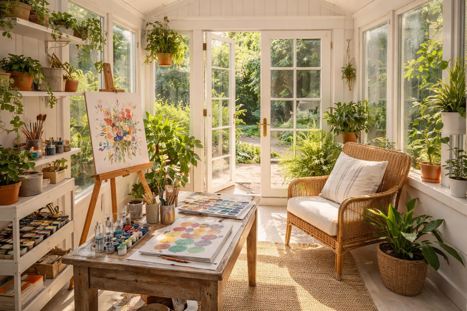 A small enclosed patio converted into a sunroom art studio with large windows, art supplies, plants, and a wooden chair near a table.
