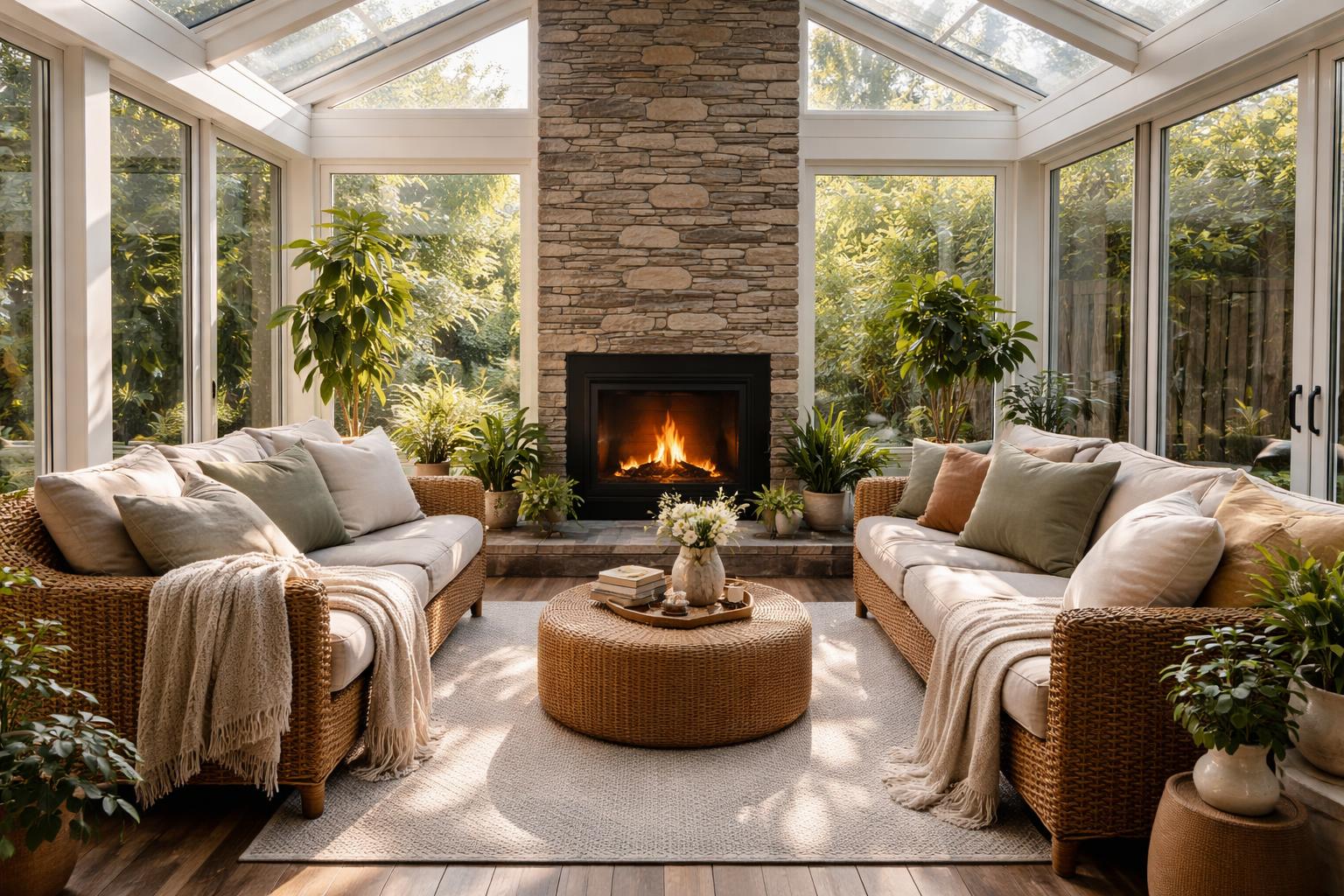 A small enclosed patio converted into a sunroom with a fireplace, comfortable seating, plants, and sunlight streaming through large windows.