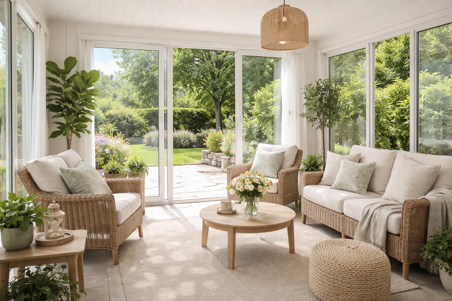 Small enclosed patio converted into a sunroom with large windows, seating, and plants.