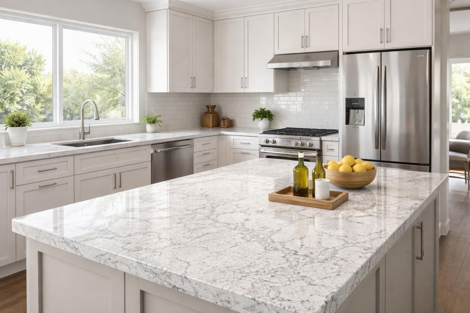 Modern kitchen with white granite countertops, sleek cabinets, and stainless steel appliances.