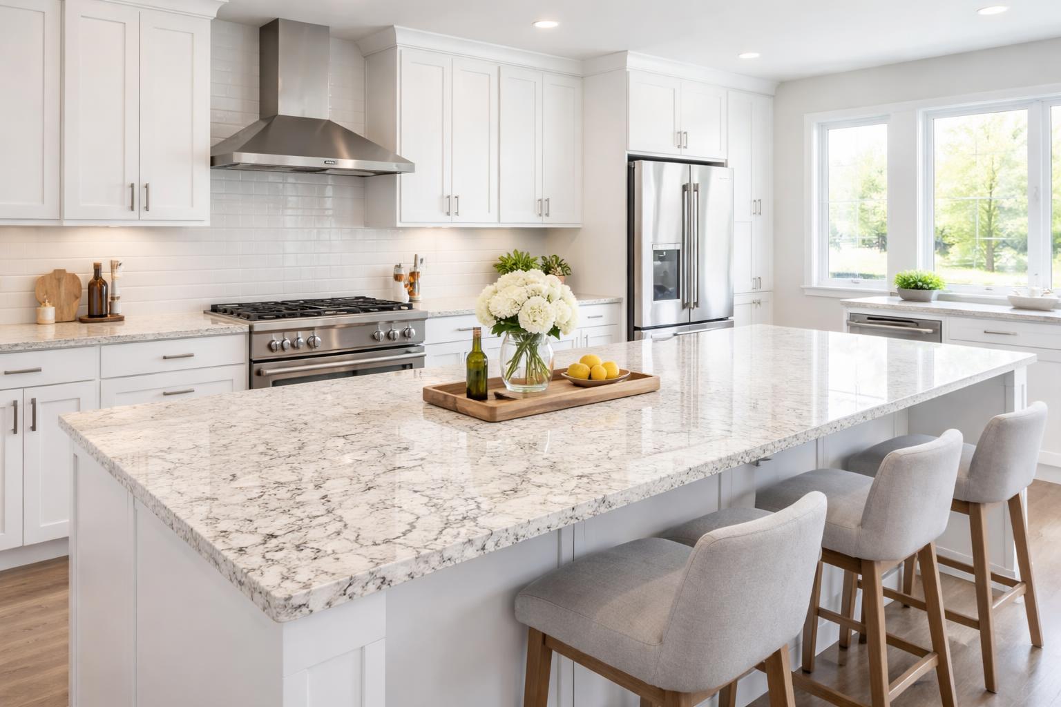Modern kitchen with bright white granite countertops, stainless steel appliances, and white cabinets under natural light.