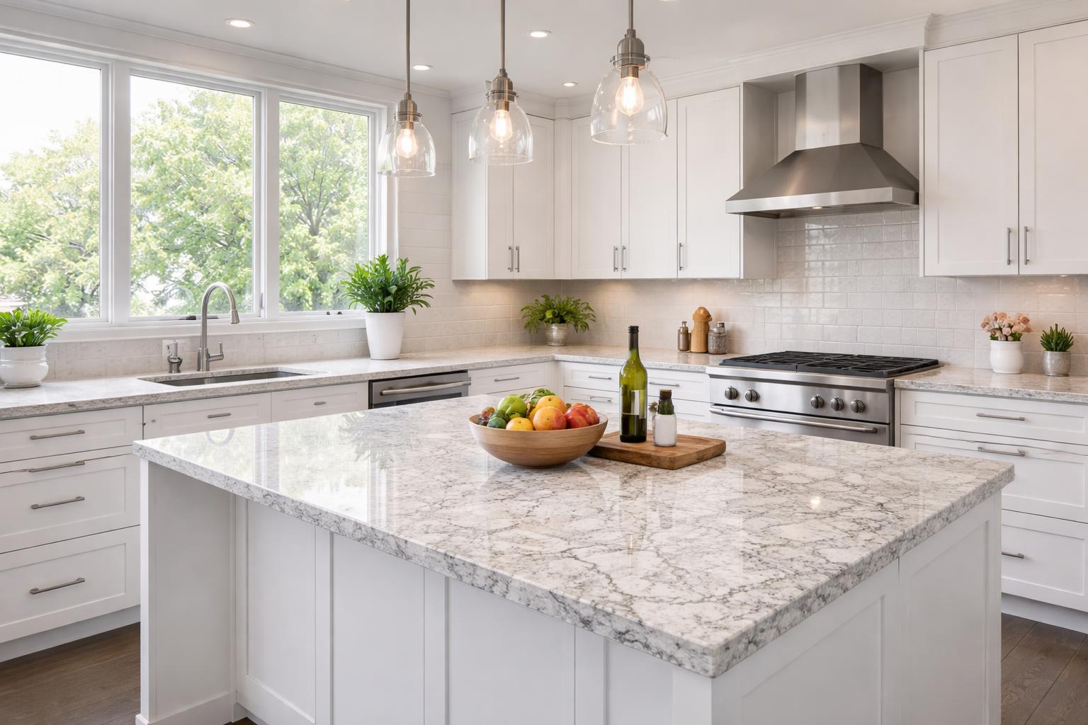 A modern kitchen with white granite countertops, stainless steel appliances, and natural light coming through large windows.