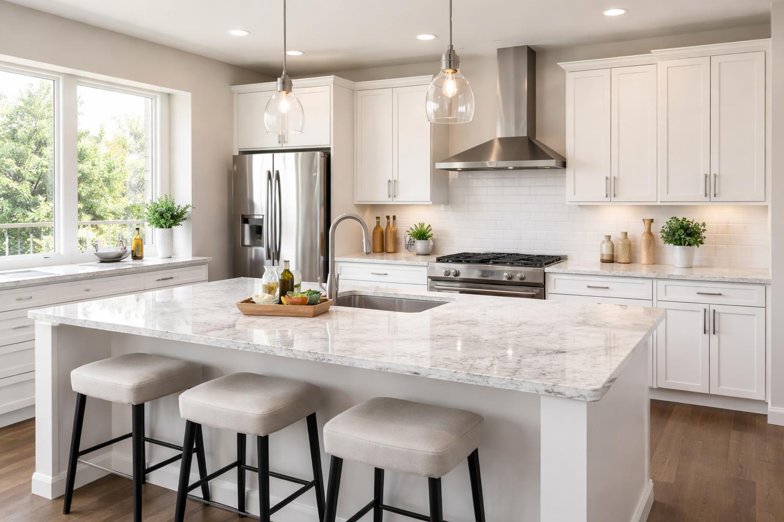 Modern kitchen with white granite countertops, stainless steel appliances, and a kitchen island with bar stools.