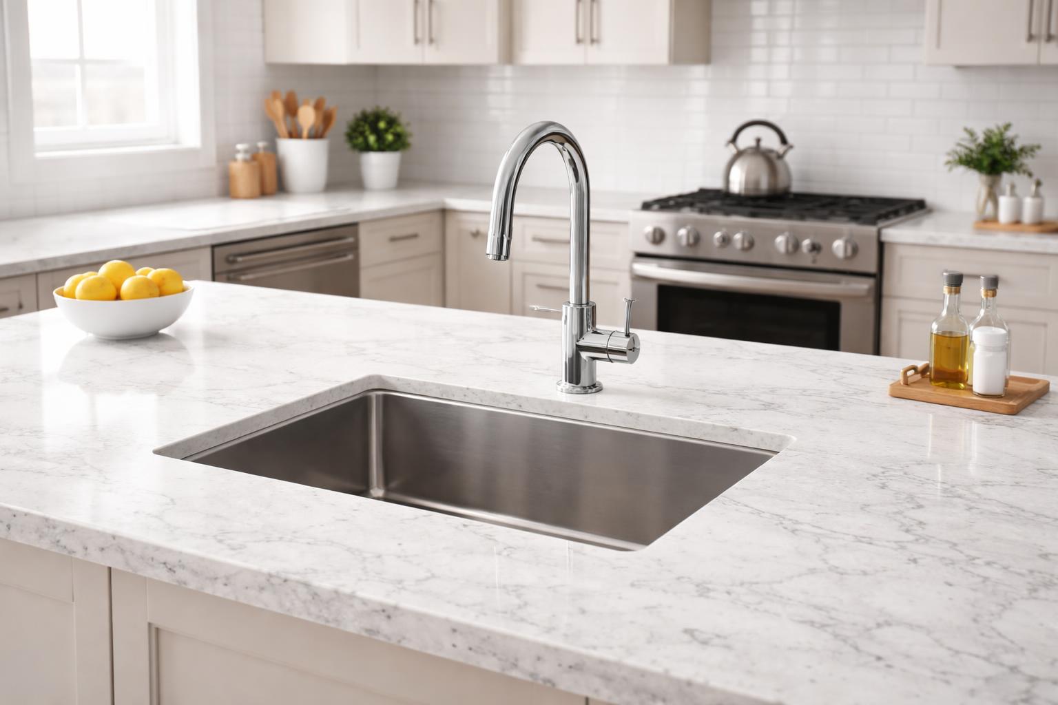 A modern kitchen with a white granite countertop and an undermount stainless steel sink with a chrome faucet.