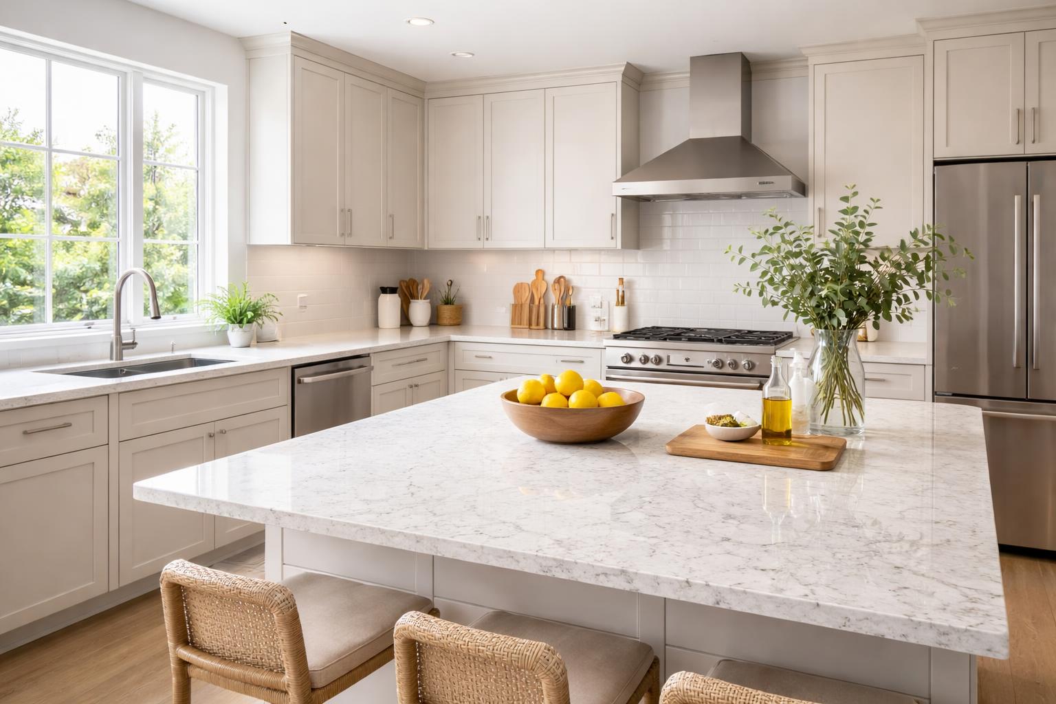 Modern kitchen with white granite countertops, stainless steel appliances, and natural light coming through large windows.