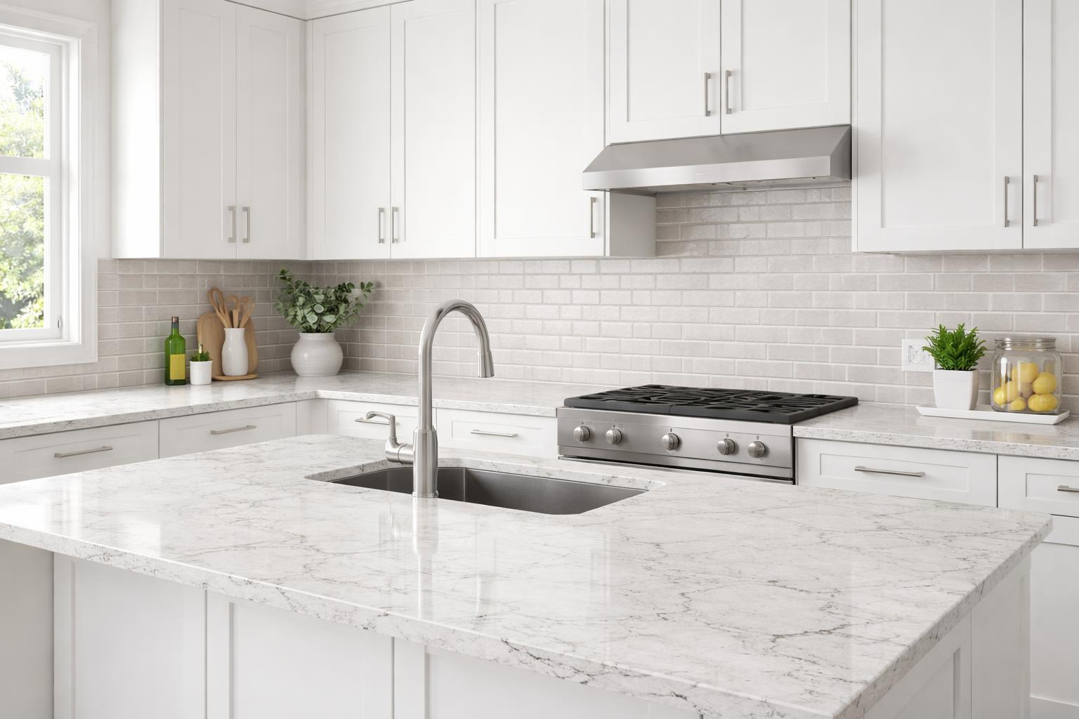 A modern kitchen with white granite countertops and a brick-patterned backsplash, featuring a sink and minimal kitchen items.