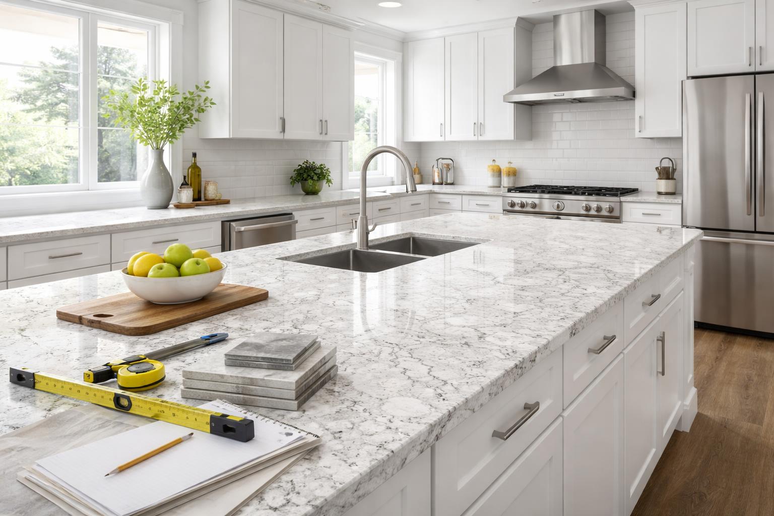 Modern kitchen with white granite countertops, stainless steel appliances, and natural light coming through large windows.