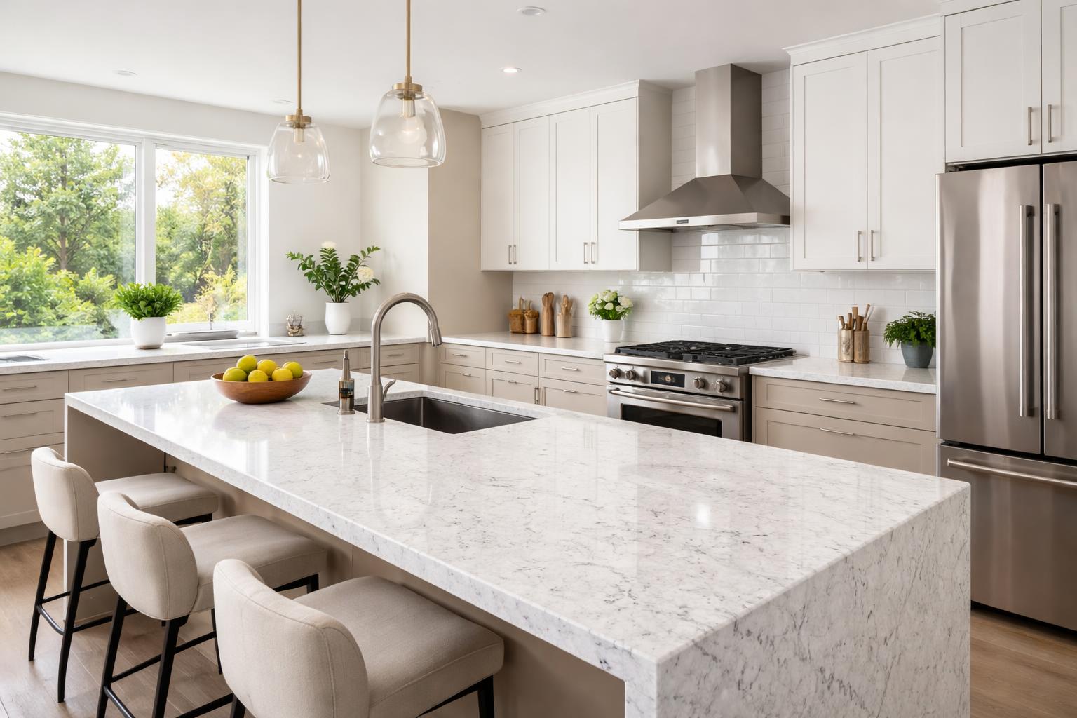 A bright modern kitchen with white granite countertops, a kitchen island, and stainless steel appliances.