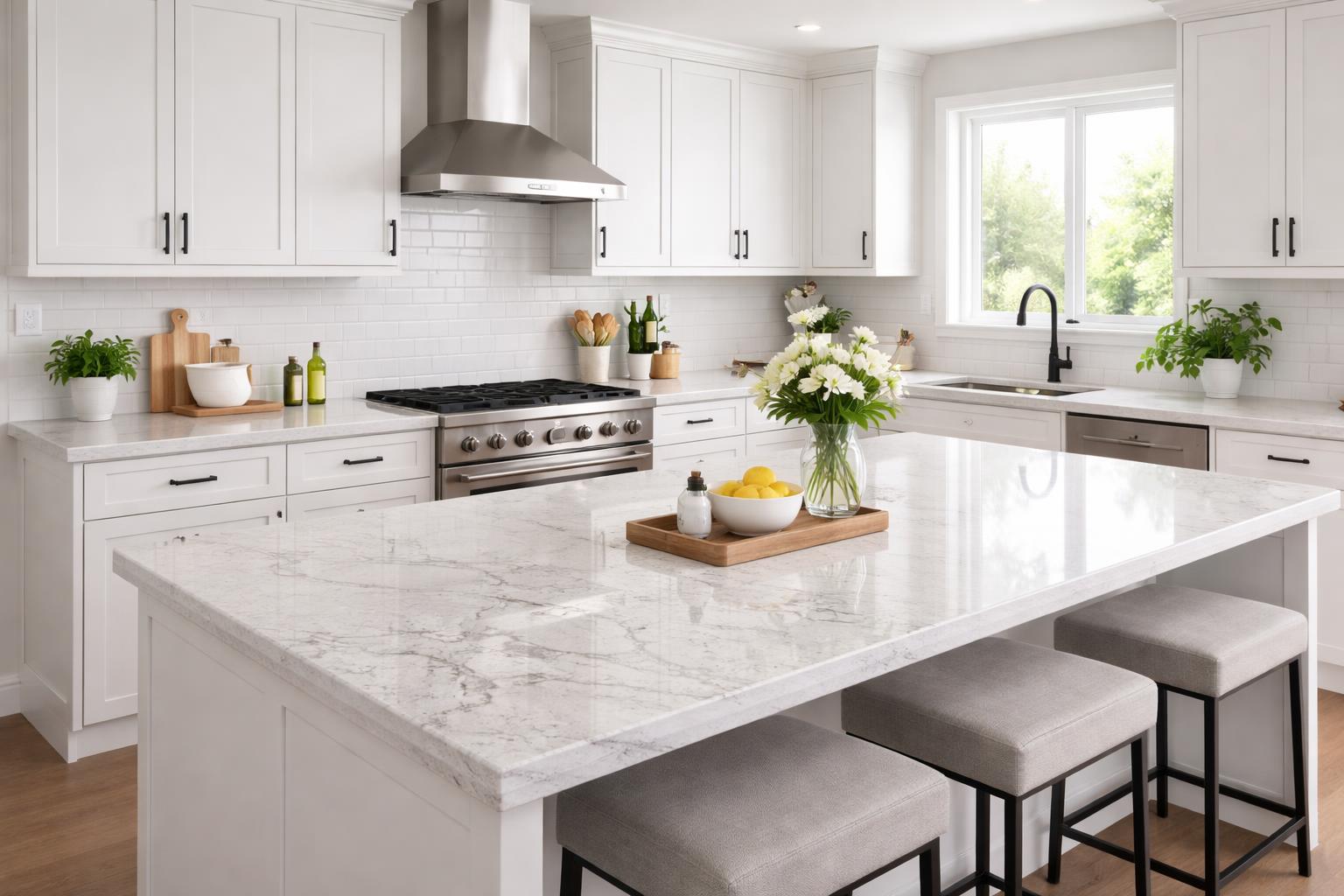 Modern kitchen with white granite countertops, stainless steel appliances, and a kitchen island with bar stools.