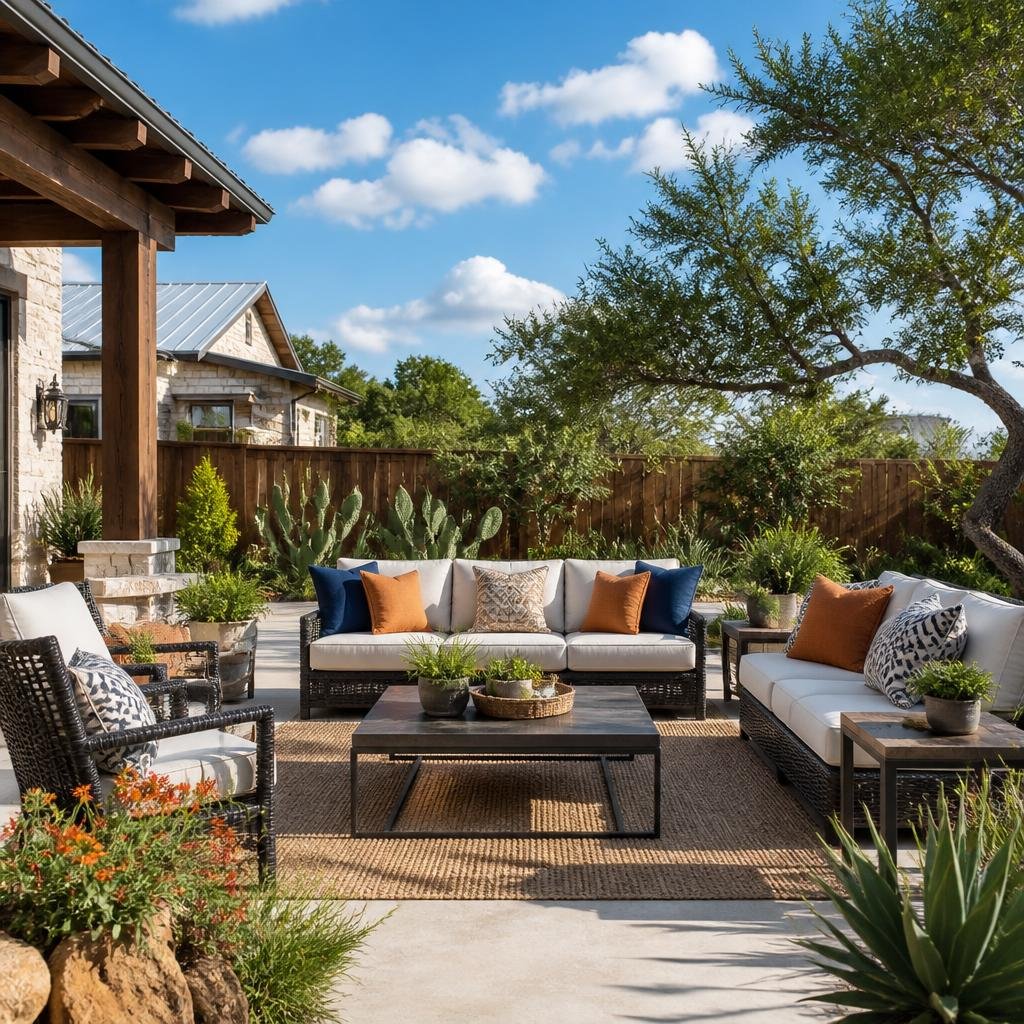 Outdoor lounge area with comfortable sofas and chairs on a patio surrounded by plants and a wooden fence under a clear blue sky.