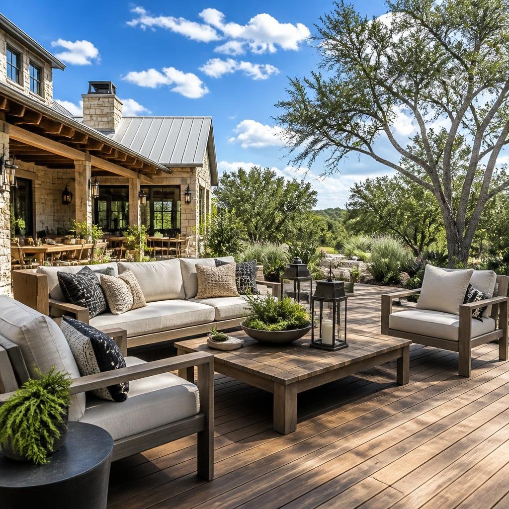Outdoor lounge area with cushioned sofas and chairs on a wooden deck surrounded by plants and a house in the background.