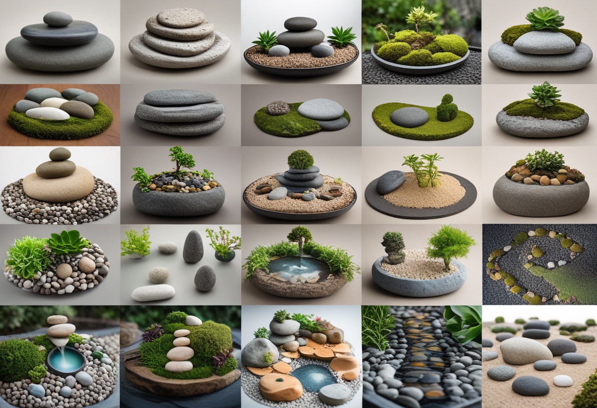 A collection of ten small rock garden designs featuring stones, plants, moss, and miniature water features arranged on a natural surface.