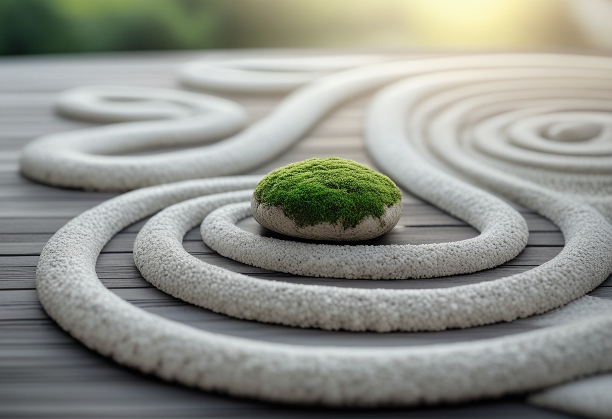 A miniature rock garden with raked gravel and a single moss-covered stone on a wooden surface.