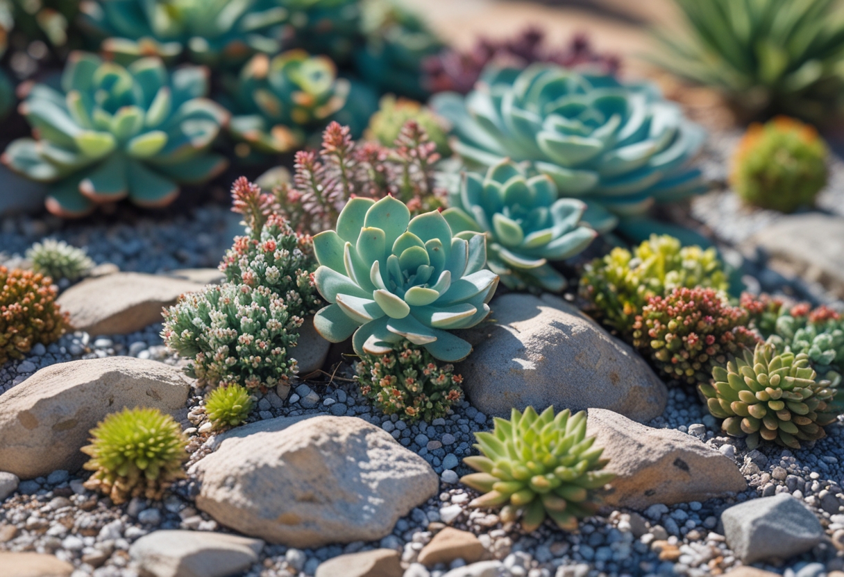 A close-up view of a rock garden with hens-and-chicks and sedum succulents growing among natural stones and gravel.