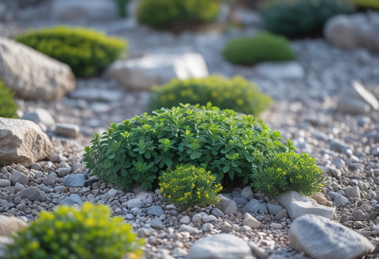 A small alpine scree garden with crushed stones and low-growing saxifraga plants arranged naturally among the rocks.