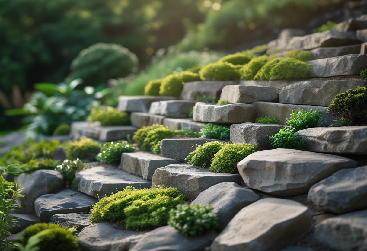 A small terraced rock garden on a slope with retaining stones and green plants.