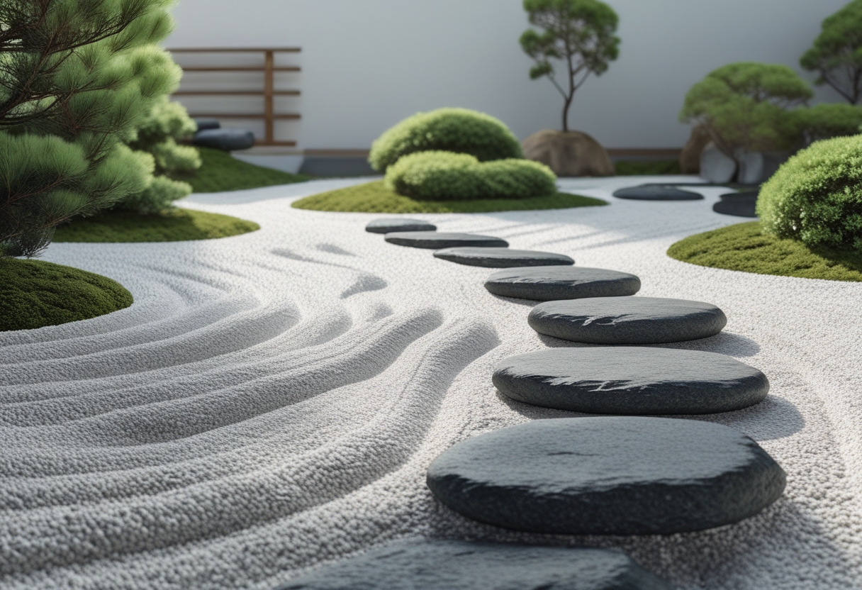 A Japanese dry landscape garden with white gravel, stepping stones, and pruned green juniper bushes.