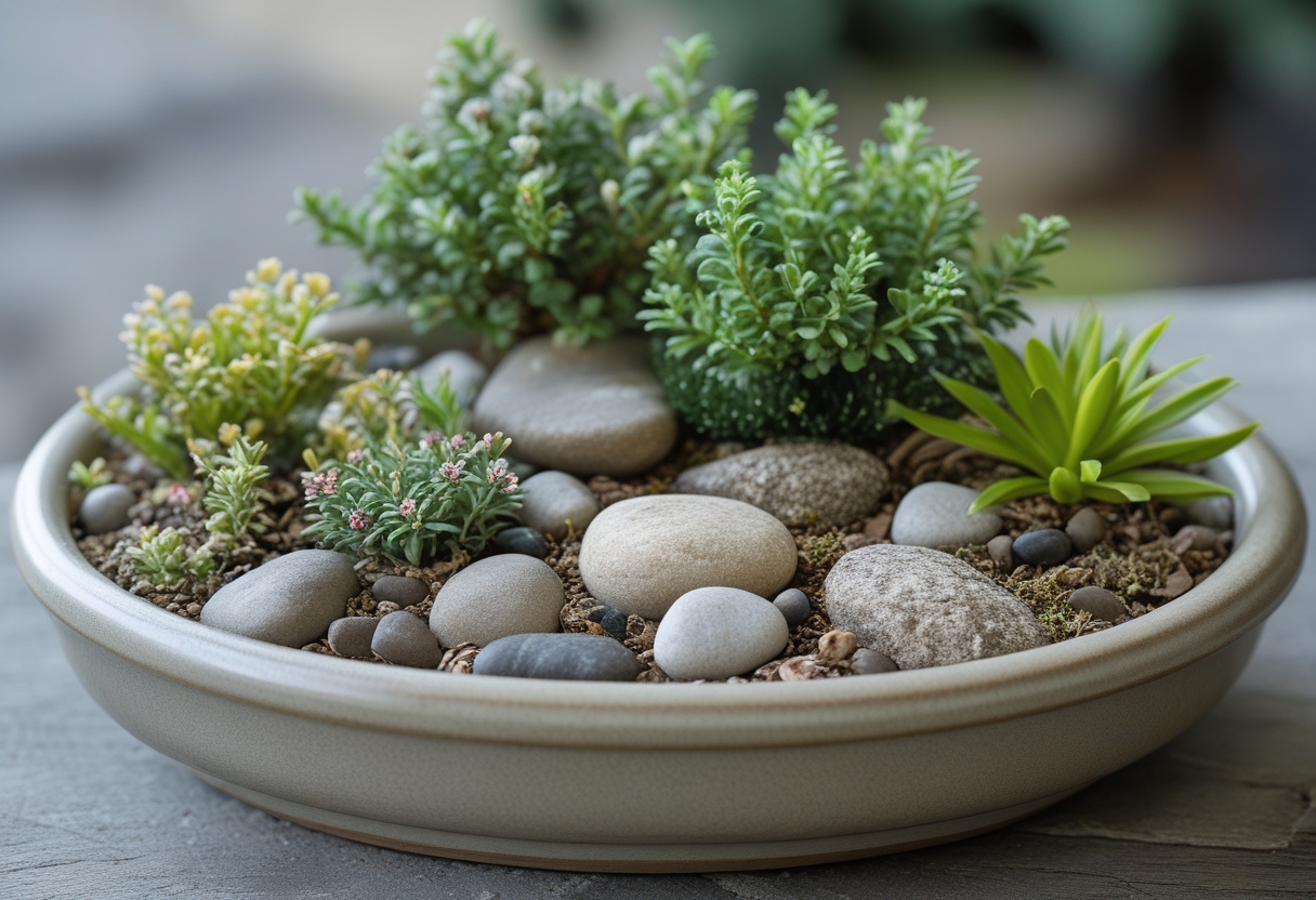 A small rock garden in a shallow ceramic tray with alpine plants and natural stones.
