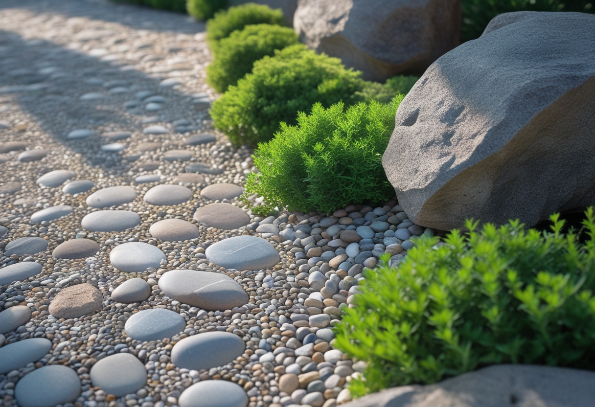 A pebble mosaic pathway bordered by large boulders and green thyme groundcover in a small rock garden.